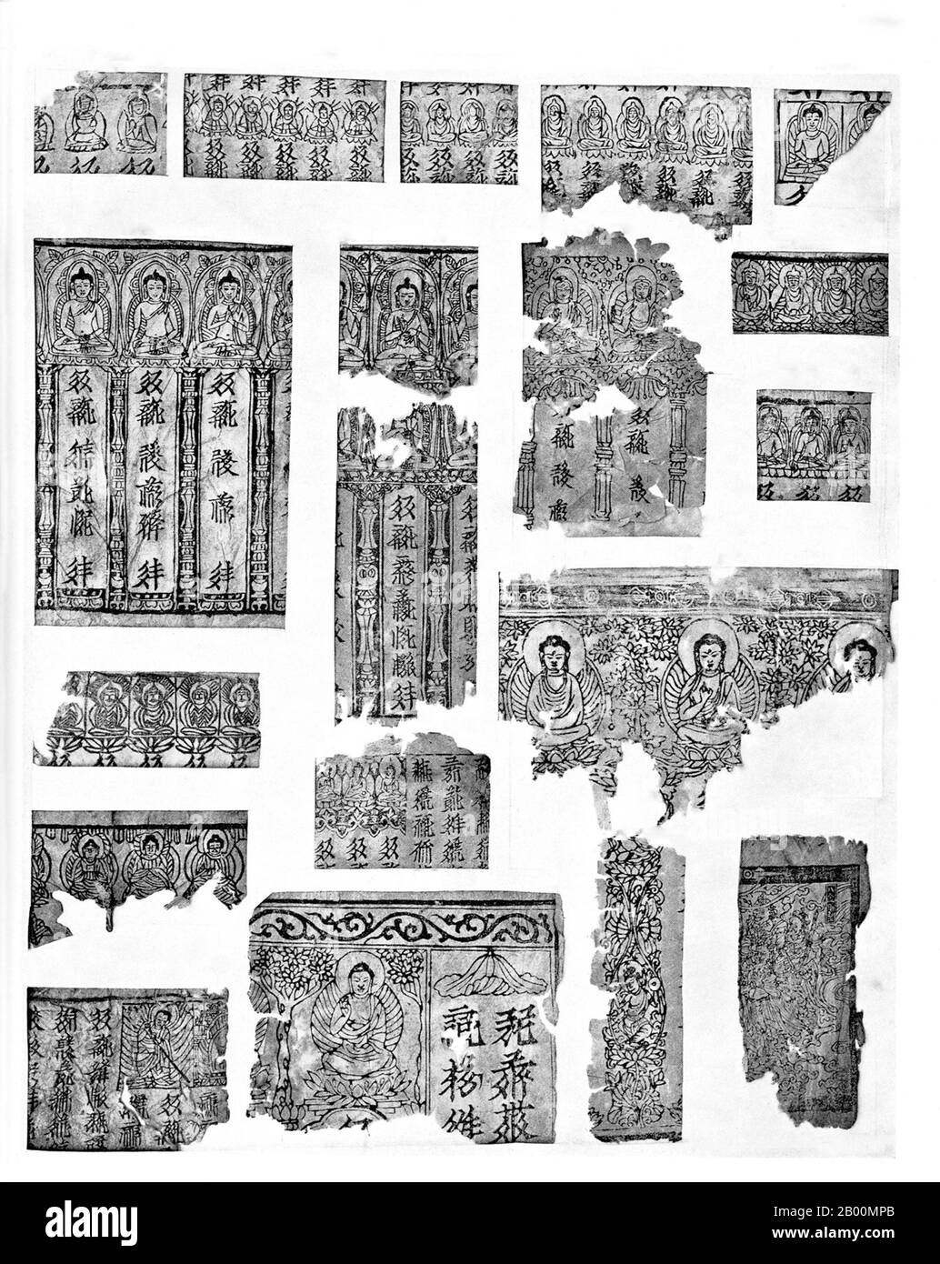 Chine : impression de blocs sur papier de Kharas-Khoto, Mongolie intérieure. Khara-Khoto est une ville médiévale de Tangut dans l'Ejin khoshuu de la Ligue Alxa, dans l'ouest de la Mongolie intérieure, près de l'ancien lac Gashun. Il a été identifié comme la ville d'Etzina, qui apparaît dans les voyages de Marco Polo. Banque D'Images