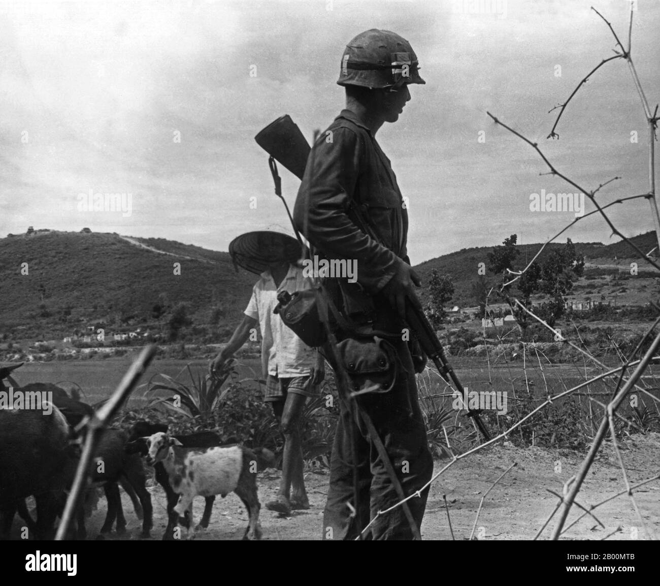 Vietnam: Un fermier sud-vietnamien passant une marine américaine en patrouille, 1965. La deuxième guerre d'Indochine, connue en Amérique sous le nom de guerre du Vietnam, a été un conflit militaire de l'époque de la Guerre froide qui s'est produit au Vietnam, au Laos et au Cambodge du 1er novembre 1955 à la chute de Saigon le 30 avril 1975. Cette guerre a suivi la première Guerre d'Indochine et a été menée entre le Nord du Vietnam, soutenu par ses alliés communistes, et le gouvernement du Sud Vietnam, soutenu par les États-Unis et d'autres nations anticommunistes. Le gouvernement américain considérait l'implication dans la guerre comme un moyen d'empêcher une prise de pouvoir communiste du Sud Vietnam. Banque D'Images