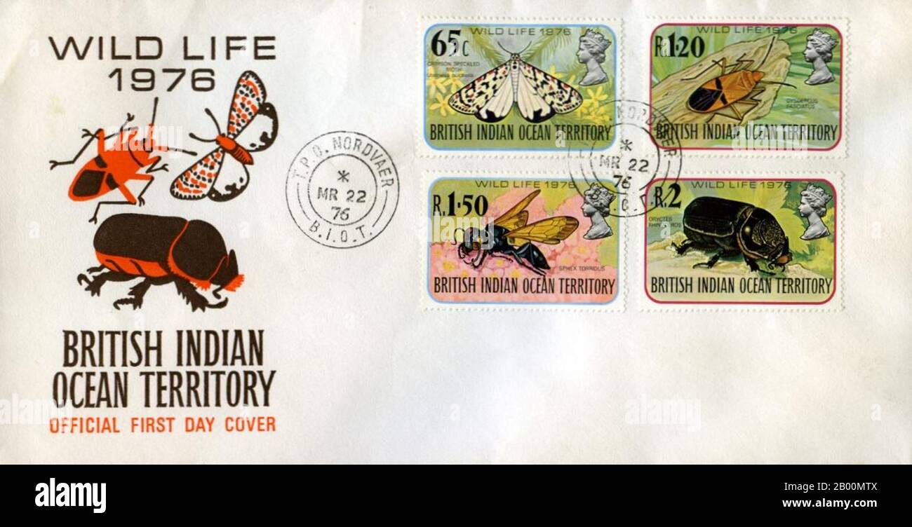 BIOT (territoire britannique de l'océan Indien) : couverture DU premier jour DE BIOT. Le territoire britannique de l'océan Indien (BIOT) ou les îles Chagos (anciennement les îles pétrolières) est un territoire d'outre-mer du Royaume-Uni situé dans l'océan Indien, à mi-chemin entre l'Afrique et l'Indonésie. Le territoire comprend un groupe de sept atolls comprenant plus de 60 îles individuelles, situées à environ 500 kilomètres (310 mi) au sud de l'archipel des Maldives. La plus grande île est Diego Garcia (zone 44 km carré), site d'une installation militaire conjointe du Royaume-Uni et des États-Unis. Banque D'Images