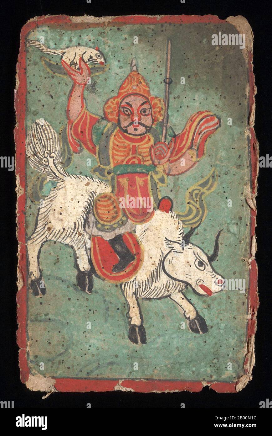 Chine: 'Naxi Warrior Riding a White Cow'. Naxi textes religieux et cartes du Yunnan, 19e siècle. Les Naxi ou Nakhi sont un groupe ethnique qui habite les contreforts de l'Himalaya dans la partie nord-ouest de la province du Yunnan, ainsi que dans la partie sud-ouest de la province du Sichuan en Chine. Les Naxi sont considérés comme originaires du Tibet et, jusqu'à récemment, ont maintenu des liens commerciaux terrestres avec Lhassa et l'Inde. Les Naxi forment l'un des 56 groupes ethniques officiellement reconnus par la République populaire de Chine. Les Naxi sont traditionnellement des adeptes de la religion Dongba. Banque D'Images