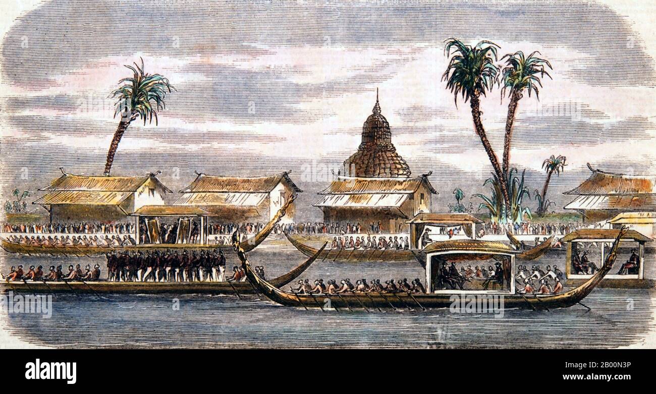 Thaïlande : gravure de couleur de la fin du XIXe siècle de la cérémonie royale de la Barge, Bangkok. La procession royale de la Barge en Thaïlande (Thai: Krabuan Phayuhayattra Chonlamak) est une cérémonie d'importance religieuse et royale qui a lieu à Siam depuis près de 700 ans. Les Royal Barges sont un mélange de savoir-faire et d'art thaïlandais traditionnel. La procession de la Royal Barge a lieu rarement, coïncidant généralement avec les événements culturels et religieux les plus importants. Banque D'Images