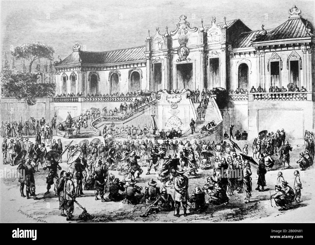 Chine : pillage du Yuan Ming Yuan (ancien palais d'été), Pékin, par les forces anglo-françaises en 1860. Illustration par Godefroy Durand (1832-1860), 22 décembre 1860. La deuxième guerre de l’opium, la deuxième guerre anglo-chinoise, la deuxième guerre de Chine, la guerre Arrow ou l’expédition anglo-française en Chine, fut une guerre opposant l’Empire britannique et le deuxième Empire français à la dynastie Qing de Chine, qui s’est tenue de 1856 à 1860. Banque D'Images