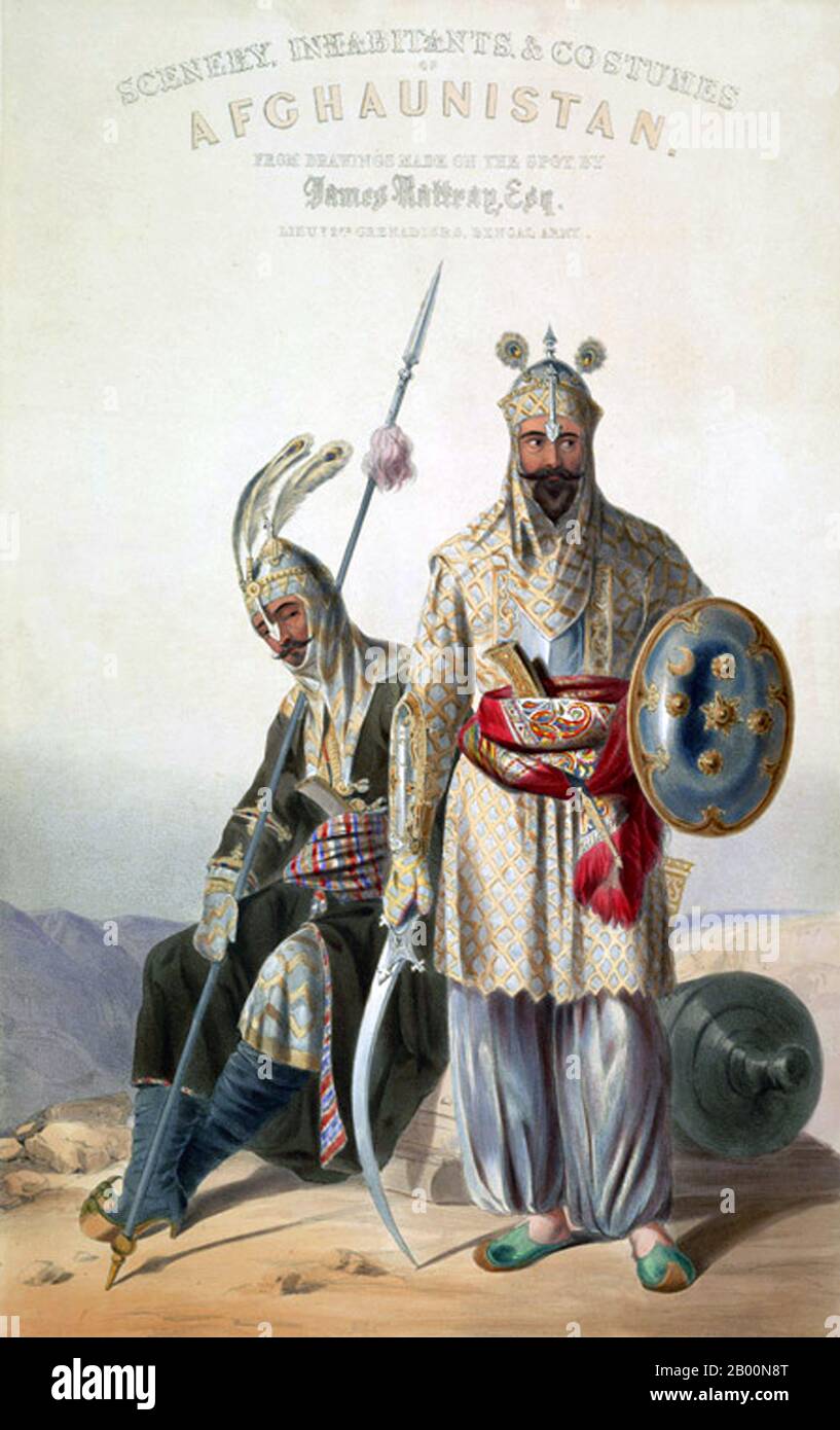 Afghanistan : soldats royaux afghans de l'Empire Durrani. Frontispice lithographique de James Rattray (1818-1854), 1847. L'Empire Durrani, également appelé l'Empire afghan, était une monarchie centrée en Afghanistan et comprenait le nord-est de l'Iran, l'État moderne du Pakistan ainsi que la région du Punjab en Inde. Il a été établi à Kandahar en 1747 par Ahmad Shah Durrani, commandant militaire afghan sous la direction de Nader Shah de Perse et chef de la tribu Abdali. Après la mort d'Ahmad Shah vers 1773, l'Emirship fut transmis à lui et sa capitale fut transférée à Kaboul. Banque D'Images