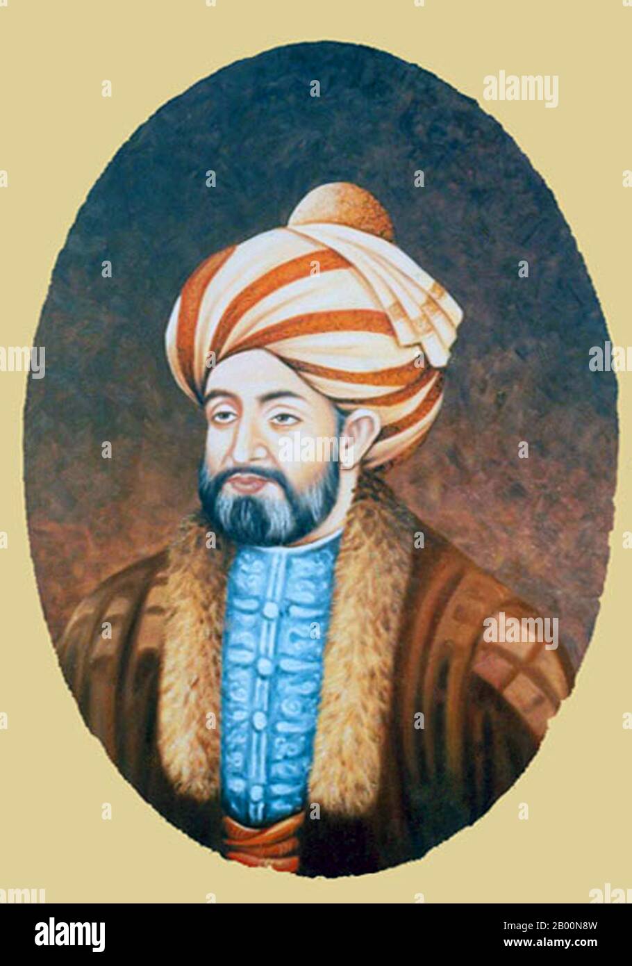 Afghanistan : Ahmad Shah Durrani, fondateur de l'état moderne de l'Afghanistan en 1747 et dirigeant de l'Empire Durrani. L'Empire Durrani, également appelé l'Empire afghan, était une monarchie centrée en Afghanistan et comprenait le nord-est de l'Iran, l'État moderne du Pakistan ainsi que la région du Punjab en Inde. Il a été établi à Kandahar en 1747 par Ahmad Shah Durrani, commandant militaire afghan sous la direction de Nader Shah de Perse et chef de la tribu Abdali. Après la mort d'Ahmad Shah vers 1773, l'Emirship fut transmis à ses enfants et sa capitale s'emporta à Kaboul. Banque D'Images