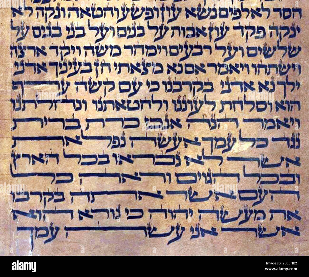 Espagne: Le Sefer Torah. Le style hébreu d'écriture et d'espacement remonte à l'époque des Maimonides du XIIe siècle, et confirme son origine sépharade de la péninsule ibérique. Moses ben-Maimon, appelé Maimonides et également connu sous le nom de Rambam (acronyme hébreu de 'Rabbi Moshe ben Maimon'), était un philosophe juif médiéval prééminent et l'un des plus grands érudits et médecins de la Torah du Moyen-âge. Il est né à Córdoba, en Espagne, à la veille de la Pâque, en 1135, et est mort en Égypte (ou Tibérias) le 20 Tevet, le 12 décembre 1204. Il était rabbin, médecin et philosophe au Maroc et en Égypte. Banque D'Images