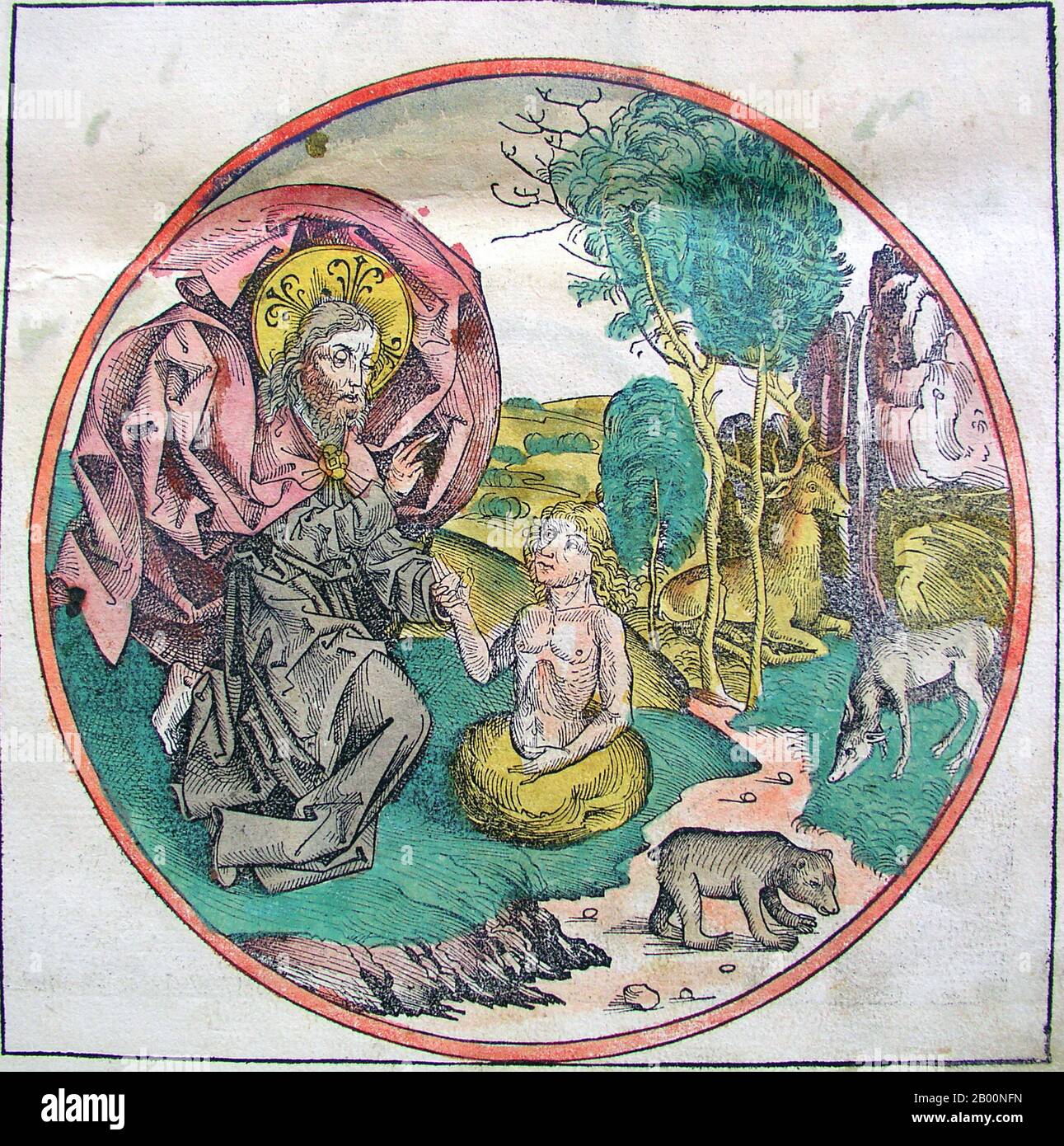 Allemagne: 'Création d'Adam'. The Nuremberg Chronicle, par Hartmann Schedel (1440-1514), 1493. La chronique de Nuremberg est une histoire du monde illustrée. Sa structure suit l'histoire de l'histoire humaine telle qu'elle est liée dans la Bible, y compris l'histoire d'un certain nombre de villes occidentales importantes. Écrit en latin par Hartmann Schedel, avec une version en allemand de Georg Alt, il est apparu en 1493. Il s'agit de l'un des livres imprimés les mieux documentés. Il est classé comme un incunabulum, un livre, une brochure ou un grand format qui a été imprimé (non manuscrit) avant l'année 1501 en Europe. Banque D'Images