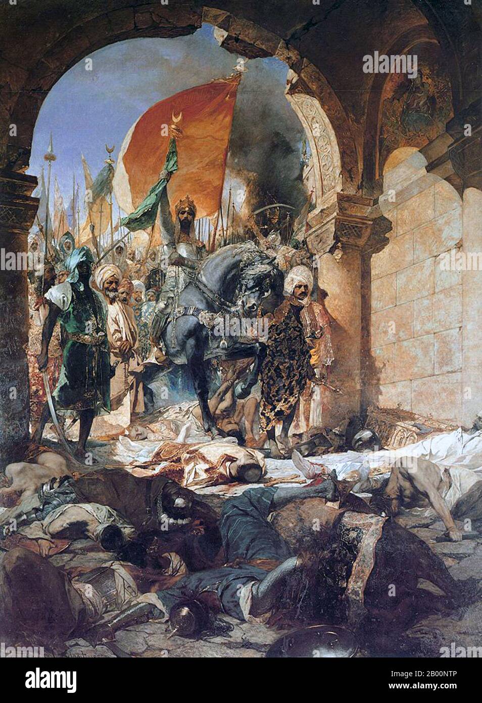 Turquie/France: 'Entrée du sultan Mehmed II à Constantinople'. Peinture à l'huile sur toile par Jean-Joseph Benjamin-constant (1845-1902), 1876. Mehmed II (30 mars 1432 – 3 mai 1481) ou, en turc moderne, Fatih Sultan Mehmet; connu sous le nom de Mahomet ou Mohammed II dans le début de l'Europe moderne) a été Sultan de l'Empire ottoman de 1444 à septembre 1446, et plus tard de février 1451 à 1481. En 1453, à l'âge de seulement 21 ans, Mehmed dirigea une armée ottomane dans le siège de Constantinople avec entre 80,000 et 200,000 soldats et une marine de 320 navires, conquérant la ville après un siège de 57 jours. Banque D'Images