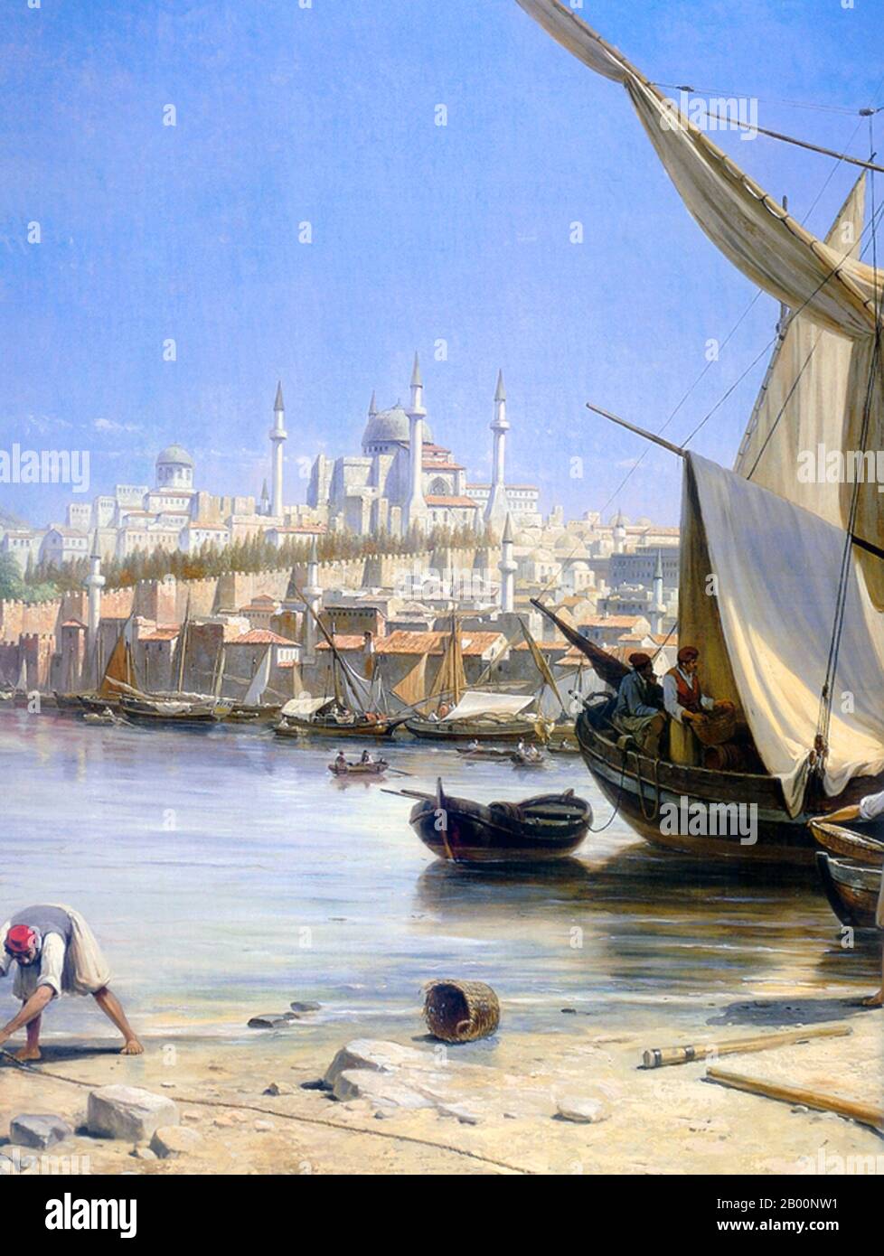 Turquie/Belgique: 'Constantinople (Istanbul)'. Détail de peinture huile sur toile par Jacques François Carabain (1834-1933), fin du XIXe siècle. Constantinople était le centre urbain le plus grand et le plus riche de la mer Méditerranée orientale pendant la fin de l'Empire romain oriental, principalement en raison de sa position stratégique commandant les routes commerciales entre la mer Égée et la mer Noire. Elle resterait la capitale de l'empire grec oriental pendant plus de mille ans. À son apogée, qui correspond à peu près au Moyen-âge, c'était la ville européenne la plus riche et la plus grande. Banque D'Images