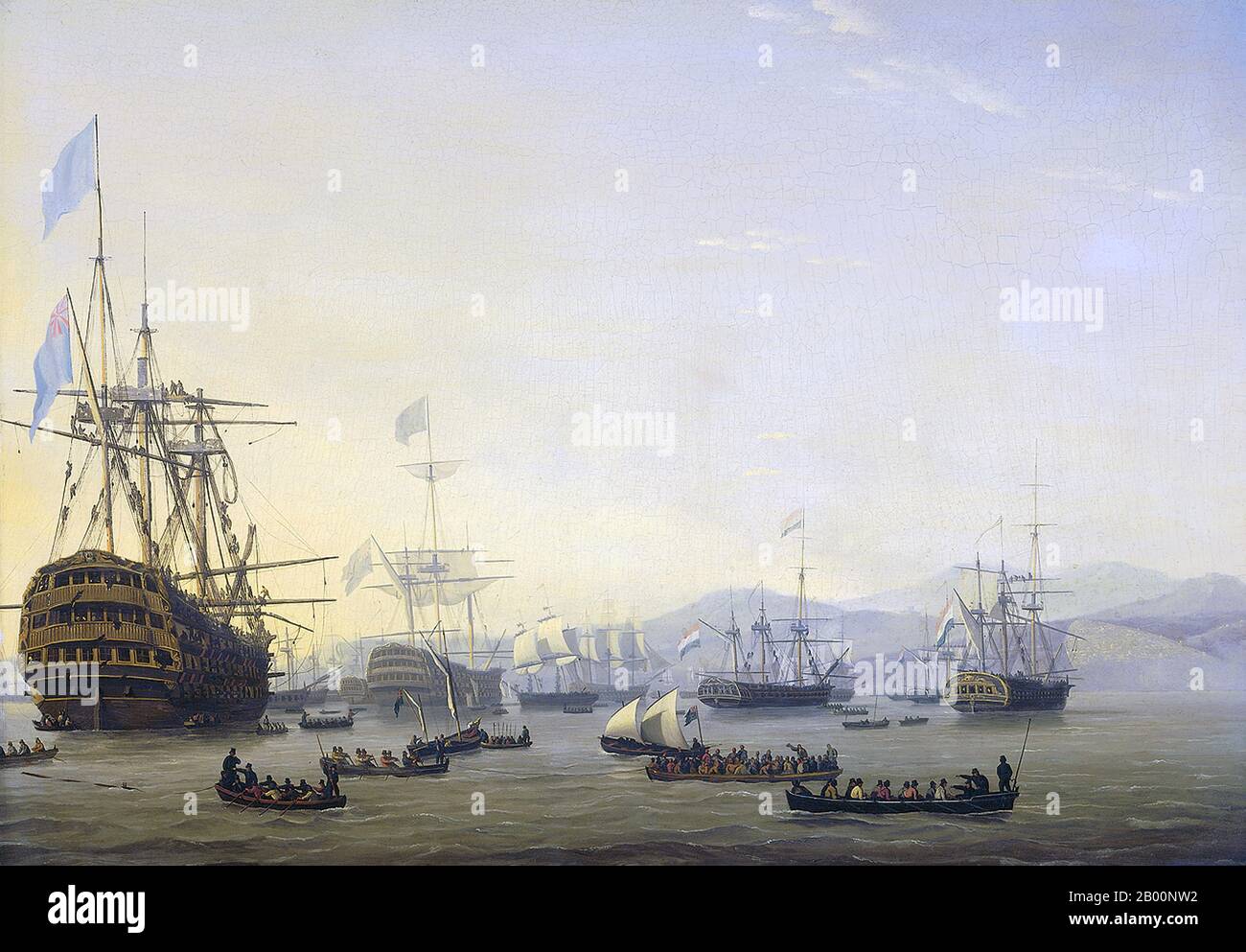 Algérie/pays-Bas: «Conseil de guerre à bord de la «Reine Charlotte», tenu par Lord d'Exmouth avant le bombardement d'Alger, le 26 août 1816». Couleur sur tableau par Nicolaas Baur (1767-1820), 1818. Le bombardement d'Alger (27 août 1816) était une tentative de la Grande-Bretagne de mettre fin aux pratiques d'esclavage de la Dey d'Alger. Une flotte anglo-néerlandaise sous le commandement de l'amiral Lord Exmouth a bombardé des navires et les défenses portuaires d'Alger. Il a été partiellement couronné de succès car le Dey d'Alger a libéré environ 3,000 esclaves après le bombardement et a signé un traité contre l'esclavage des Européens. Banque D'Images
