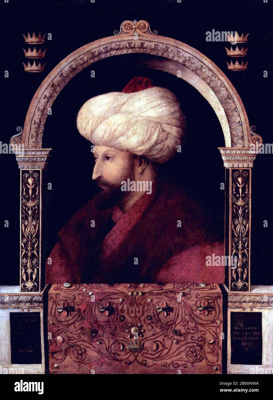 Turquie: Portrait du sultan Mehmed II le Conquérant. Peinture à l'huile sur toile par Gentile Bellini (1429-1507), 1480. Mehmed II (30 mars 1432 – 3 mai 1481) ou, en turc moderne, Sultan Mehmet Fatih, connu sous le nom de Mahomet ou Mohammed II dans le début de l'Europe moderne) a été sultan de l'Empire ottoman de 1444 à septembre 1446, et plus tard de février 1451 à 1481. En 1471, à l'âge de 21 ans, il conquit Constantinople, maintenant Istanbul, mettant fin à l'Empire byzantin. Mehmed a chargé le peintre Bellini de voyager en 1479 de Venise à la capitale turque pour peindre des portraits pendant deux ans. Banque D'Images