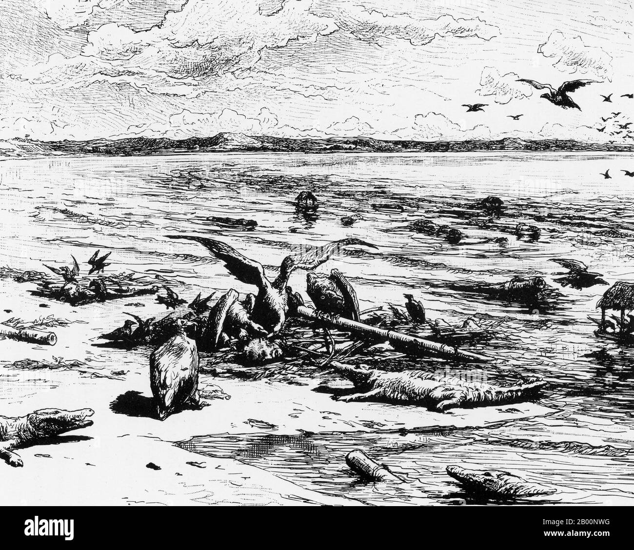 Laos : les rives du Mékong pendant une épidémie de choléra. Gravure par un artiste inconnu, c. 1882-1884. Le Dr Paul Neis a entrepris une mission scientifique à Cochinchina et au Laos au nom du ministre français de l'éducation publique. Il est retourné à Bangkok en passant par Chiang Mai et le nord de la Thaïlande. Sa mission a duré 19 mois entre 1882 et 1884. Banque D'Images