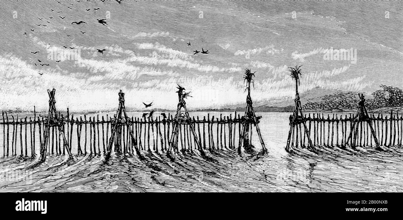 Laos: Pièges à poissons sur la rivière Nam Kan. Gravure par un artiste inconnu, c. 1882-1884. Le Dr Paul Neis a entrepris une mission scientifique à Cochinchina et au Laos au nom du ministre français de l'éducation publique. Il est retourné à Bangkok en passant par Chiang Mai et le nord de la Thaïlande. Sa mission a duré 19 mois entre 1882 et 1884. Banque D'Images