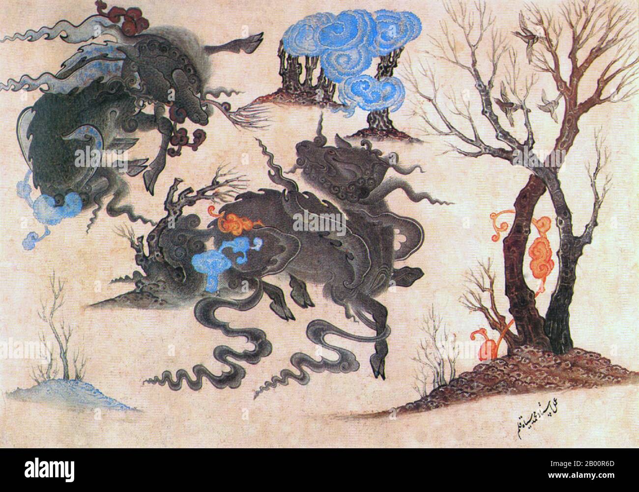Asie centrale : école Siyah Kalem, XVe siècle : combat entre deux créatures mythiques. Siyah Kalem ou 'Black Pen' est le nom donné à l'école de peinture du XVe siècle attribuée à Mehmed Siyah Kalem. Rien n’est connu de sa vie, mais son travail indique qu’il était d’origine turque en Asie centrale et qu’il connaissait parfaitement la vie militaire et de camp. Les tableaux apparaissent dans les albums du Conquérant, ainsi nommés parce que deux portraits du Sultan Mehmed II le Conquérant sont présents dans l'un d'eux. Les albums sont composés de miniatures de manuscrits des XIVe, XVe et du début du XVIe siècle. Banque D'Images