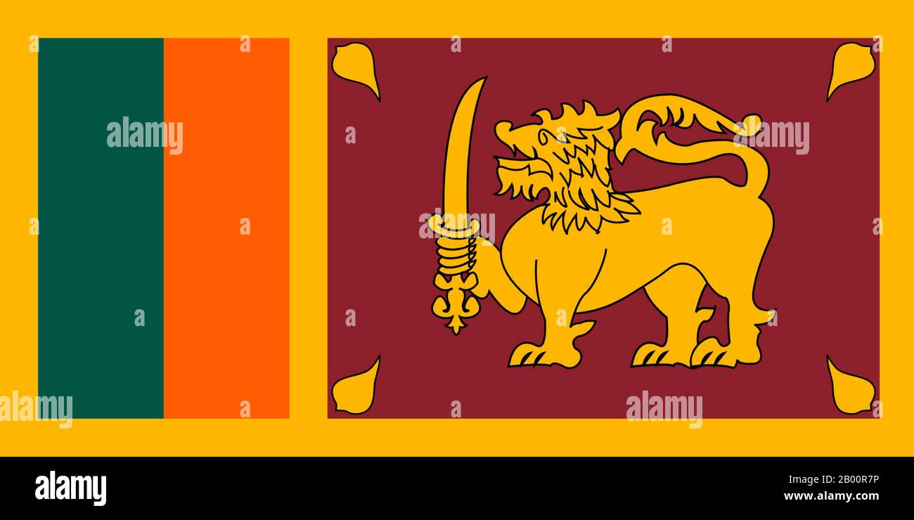 Sri Lanka : drapeau du Sri Lanka, 1972 - aujourd'hui. Le drapeau du Sri Lanka, également appelé drapeau du lion, se compose d'un lion d'or, tenant une épée dans sa patte avant droite, devant un fond pourpre avec quatre feuilles dorées de bo dans chaque coin. Autour de l'arrière-plan se trouve une bordure jaune, et à sa gauche se trouvent deux bandes verticales de taille égale en safran et en vert, avec la bande safran la plus proche du lion. Le lion représente la bravoure, et les quatre feuilles de bo représentent le méththa, le karuna, le muditha et l'upeksha. Banque D'Images