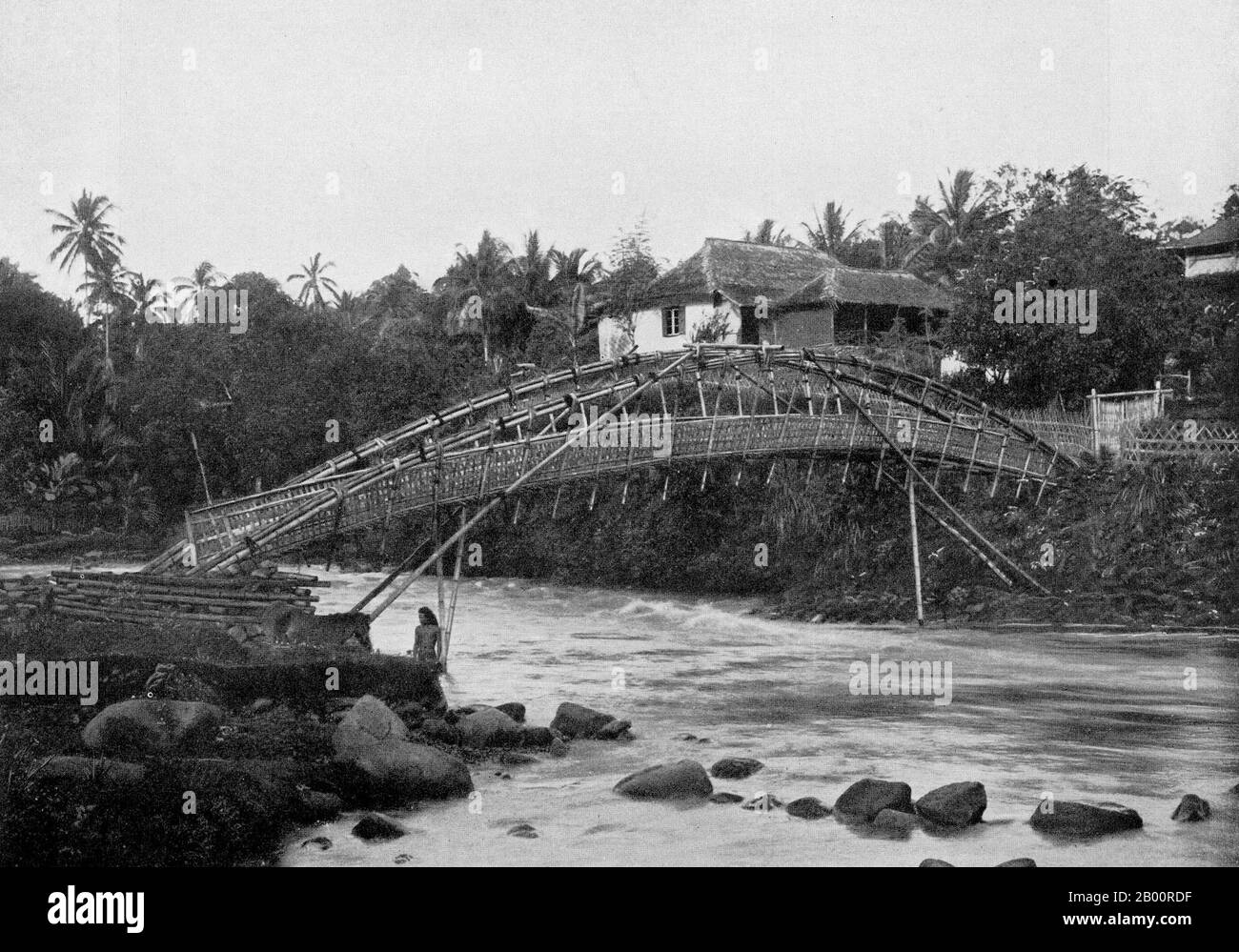 Indonésie/Allemagne: Un pont en bambou près de Bogor, Java. Photographie d'Ernst Haeckel (1834-1919), début du XXe siècle. Ernst Heinrich Philipp August Haeckel (16 février 1834 – 9 août 1919), également écrit par von Haeckel, était un éminent biologiste, naturaliste, philosophe, médecin, professeur et artiste allemand qui a découvert, décrit et nommé des milliers de nouvelles espèces, cartographié un arbre généalogique relatif à toutes les formes de vie, Et a inventé de nombreux termes en biologie, y compris l'anthropogénie, l'écologie, le phylum, la phylogénie et le royaume Protista. Haeckel a promu et popularisé le travail de Charles Darwin en Allemagne. Banque D'Images
