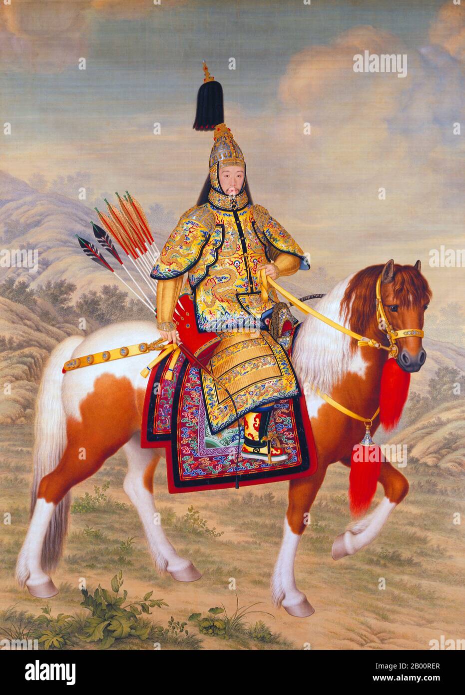 Chine/Italie: 'L'empereur Qianlong dans l'armure de cérémonie à cheval'. Encre et couleur sur le portrait équestre en soie de Giuseppe Castiglione (1688-1766), 1758. L'empereur Qianlong (pinyin chinois: Qianlong Di; Wade–Giles: Chien-Lung Ti), né Hongli (25 septembre 1711 – 7 février 1799), était le cinquième empereur de la dynastie Qing dirigée par Manchu, et le quatrième empereur Qing à régner sur la Chine même. Quatrième fils de l'empereur Yongzheng, il régna officiellement du 11 octobre 1736 au 7 février 1795. Le 8 février (début de cette année lunaire), il abdiqua en faveur de son fils, l'empereur Jiaqing. Banque D'Images