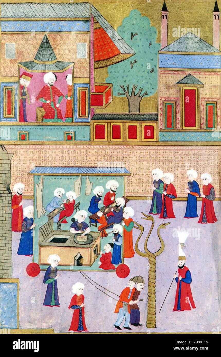 Turquie : peinture célébrant la circoncision du fils du sultan ottoman Murad III, Shezade Mehmet, en 1582. Sultan de l'Empire ottoman, Murad III (4 juillet 1546—15/16 janvier 1595) est le fils aîné du sultan Selim II (1566–74) et succède à son père en 1574. Murad commença son règne en faisant étrangler ses cinq frères plus jeunes. Son autorité a été sapée par les influences du harem, plus particulièrement celles de sa mère et plus tard de sa femme préférée Safiye Sultan. Le règne de Murad III a été marqué par des guerres avec les Safavides et les Habsbourg, ainsi que par le déclin économique et le déclin institutionnel de l'Empire ottoman. Banque D'Images