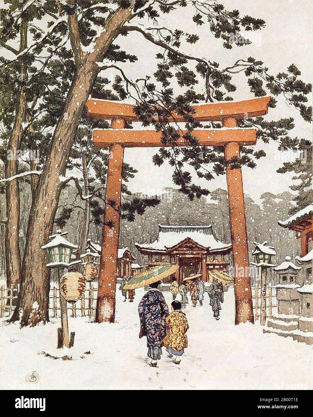 Japon/Tchécoslovaquie: 'Tori Gate, Kyoto, en hiver'. Peinture par T. F. Simon (1877-1942), c. 1928. Tavik Frantisek Simon (1877-1942) est un peintre tchèque, un graveur et un artiste de la coupe du bois. Bien que basé principalement en Europe, ses voyages importants l'ont conduit au Maroc, Ceylan (aujourd'hui Sri Lanka), en Inde, et au Japon, des images de tous ceux qui apparaissent dans son travail artistique. Il meurt à Prague en 1942. Largement ignoré pendant l'ère communiste en Tchécoslovaquie, son travail a reçu une plus grande attention ces dernières années. Banque D'Images