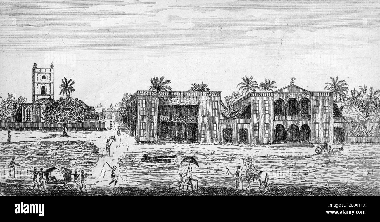 Inde/Royaume-Uni: 'Le côté ouest de Bombay Green'. Illustration par John Henry Grose (fl. 1750-1783), 1722. «un voyage aux Indes orientales; contenant des comptes authentiques du gouvernement de Mogul en général, les viceroyalties du Decan et du Bengale, avec leurs multiples dépendances subordonnées». Ce travail en deux volumes est la troisième édition d'un livre publié en un seul volume en 1757, élargi à deux volumes en 1766 et republié en 1772. L'auteur anglais, John Henry Grose, s'est rendu à Bombay (aujourd'hui Mumbai) en mars 1750 pour travailler comme serviteur et écrivain pour la British East India Company. Banque D'Images