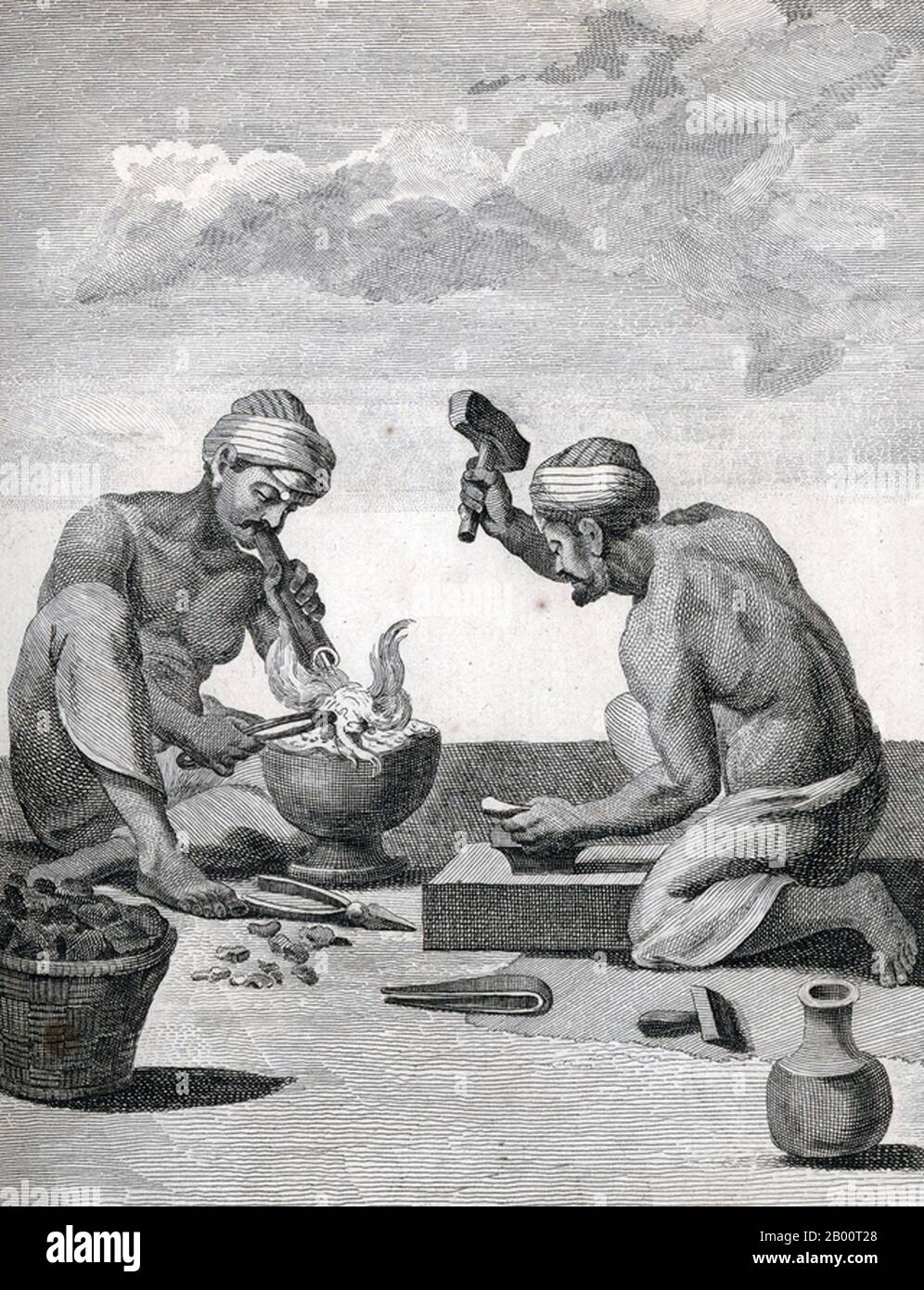 Inde/France: 'Deux Goldsmiths'. Gravure de Pierre Sonnerat (1748-1814), 1782. Pierre Sonnerat (1748-1814) est un naturaliste et explorateur français qui a fait plusieurs voyages en Asie du Sud-est entre 1769 et 1781. Il a publié ce compte-rendu en deux volumes de son voyage en 1782. Le volume 1 traite exclusivement de l'Inde, dont la culture Sonnerat admirait beaucoup, et est particulièrement remarquable pour sa discussion élargie de la religion en Inde, l'hindouisme en particulier. Le volume 2 couvre les voyages de Sonnerat en Chine, en Birmanie, à Madagascar, aux Maldives, à Maurice, à Ceylan, en Indonésie et aux Philippines. Banque D'Images
