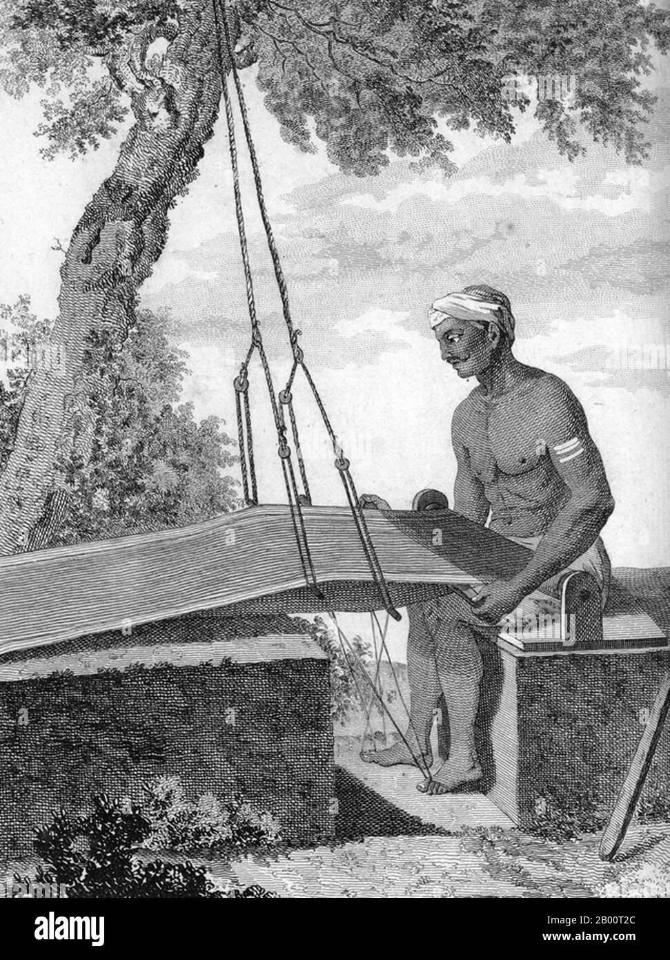 Inde/France: 'A Weaver'. Gravure de Pierre Sonnerat (1748-1814), 1782. Pierre Sonnerat (1748-1814) est un naturaliste et explorateur français qui a fait plusieurs voyages en Asie du Sud-est entre 1769 et 1781. Il a publié ce compte-rendu en deux volumes de son voyage en 1782. Le volume 1 traite exclusivement de l'Inde, dont la culture Sonnerat admirait beaucoup, et est particulièrement remarquable pour sa discussion élargie de la religion en Inde, l'hindouisme en particulier. Le volume 2 couvre les voyages de Sonnerat en Chine, en Birmanie, à Madagascar, aux Maldives, à Maurice, à Ceylan, en Indonésie et aux Philippines. Banque D'Images