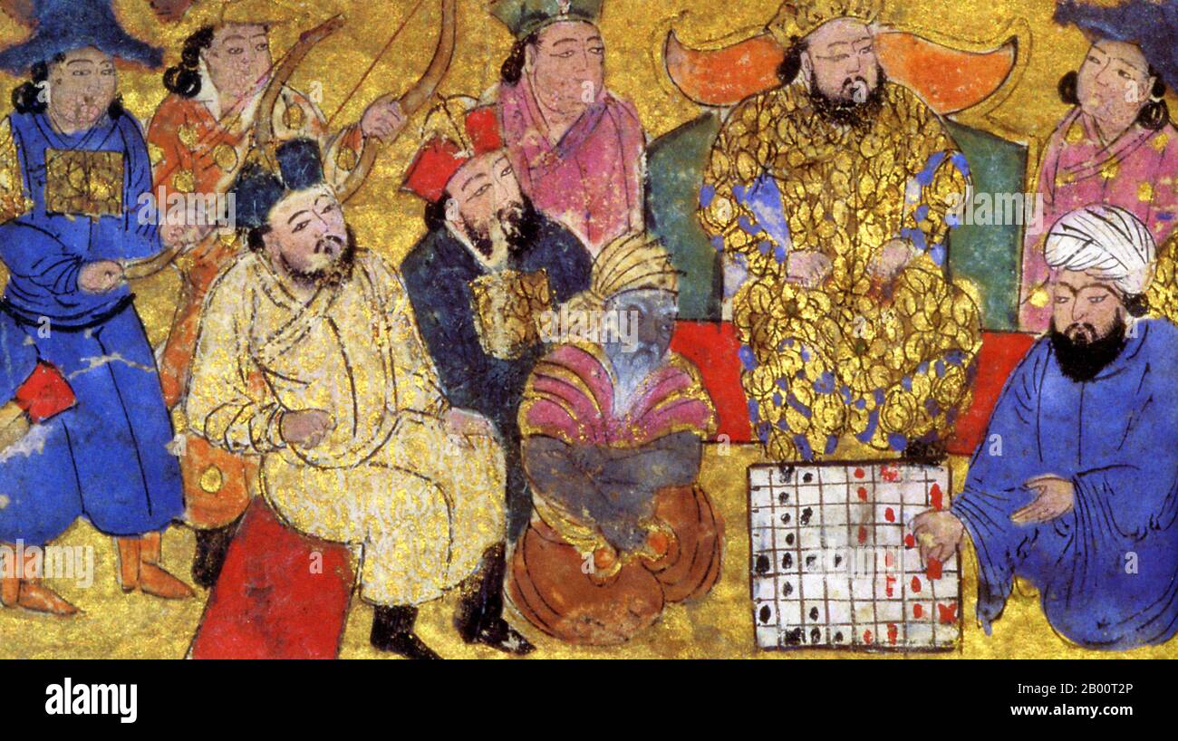 Iran : une illustration du XIVe siècle du maître d'échecs perse Buzurgmihr qui a battu un envoyé indien abattu sur le jeu d'échecs pendant que le Shah regarde. Assis à droite de l'échiquier, le conseiller de la cour persane Buzurgmihr bat un envoyé indien abattu sur les échecs pendant que le Shah regarde. Cette illustration du XIVe siècle illustre un match d’échecs enregistré pour la première fois trois siècles plus tôt par le poète persan Abu’l-Qasim Firdawsi (Hakim Abu’l-Qasim Firdawsi Tusi), l’auteur de la ‘Shishnameh’, l’épopée nationale du peuple persan. Banque D'Images