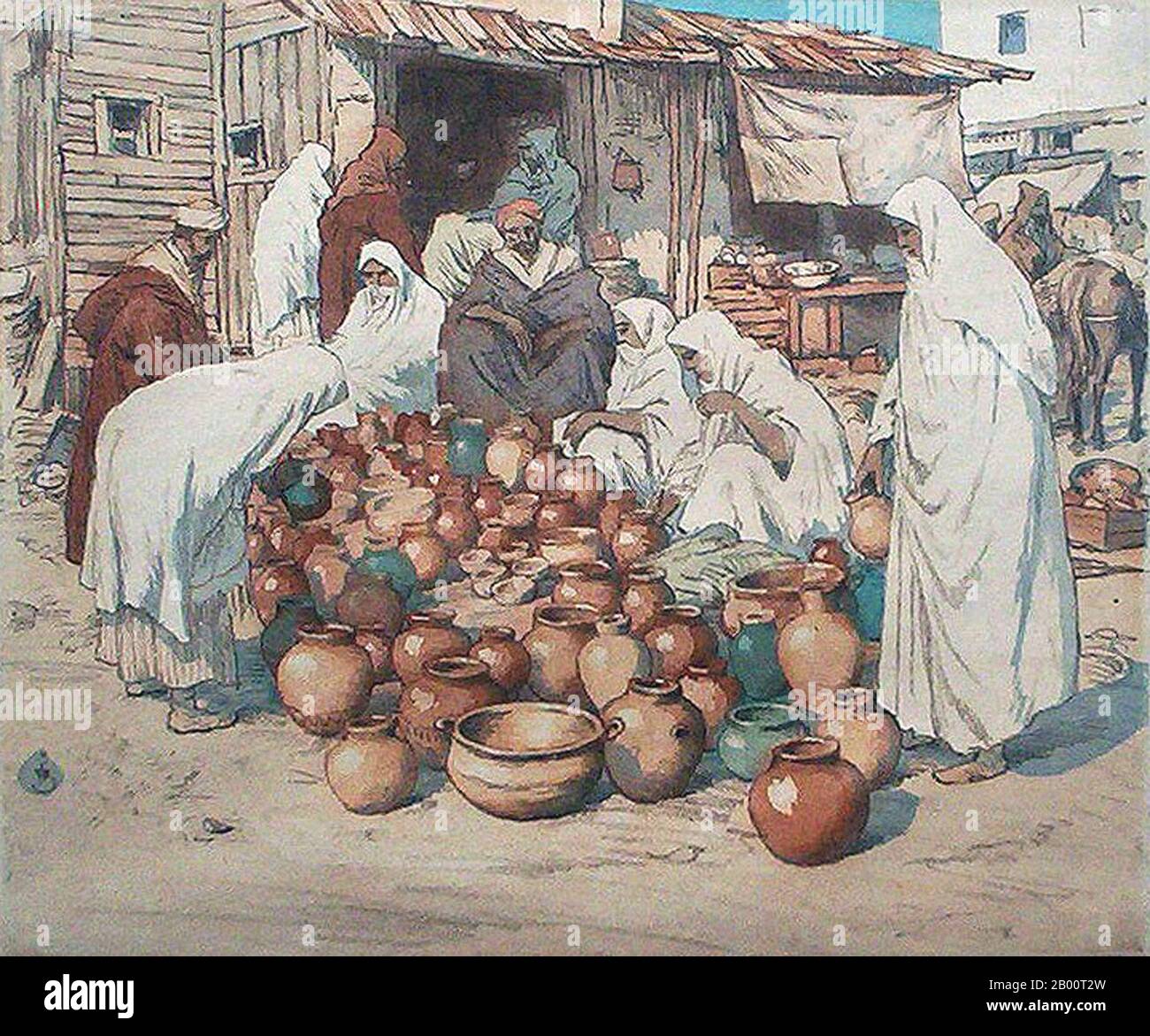 Maroc/Tchécoslovaquie: 'Un magasin de poterie à Tanger'. Peinture par T. F. Simon (1877-1942), c. 1920. Tavik Frantisek Simon (1877-1942) est un peintre tchèque, un graveur et un artiste de la coupe du bois. Bien que basé principalement en Europe, ses voyages importants l'ont conduit au Maroc, Ceylan (aujourd'hui Sri Lanka), en Inde, et au Japon, des images de tous ceux qui apparaissent dans son travail artistique. Il meurt à Prague en 1942. Largement ignoré pendant l'ère communiste en Tchécoslovaquie, son travail a reçu une plus grande attention ces dernières années. Banque D'Images