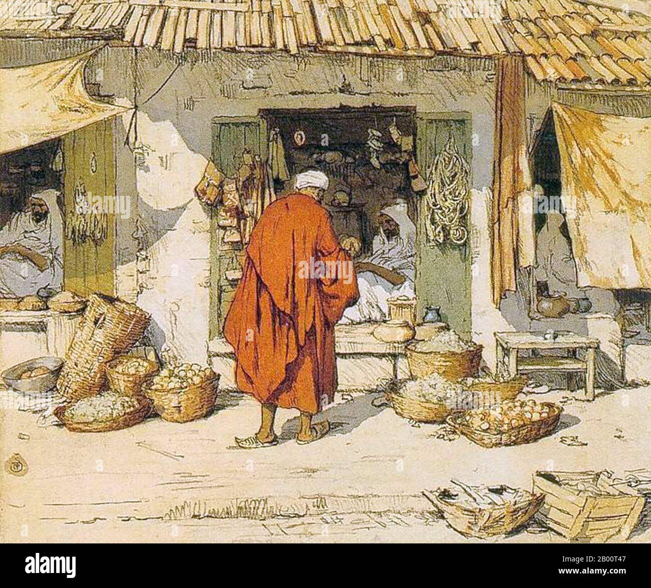 Maroc/Tchécoslovaquie: 'Une scène commerçante, Tanger'. Peinture par T. F. Simon (1877-1942), c. 1928. Tavik Frantisek Simon (1877-1942) est un peintre tchèque, un graveur et un artiste de la coupe du bois. Bien que basé principalement en Europe, ses voyages importants l'ont conduit au Maroc, Ceylan (aujourd'hui Sri Lanka), en Inde, et au Japon, des images de tous ceux qui apparaissent dans son travail artistique. Il meurt à Prague en 1942. Largement ignoré pendant l'ère communiste en Tchécoslovaquie, son travail a reçu une plus grande attention ces dernières années. Banque D'Images