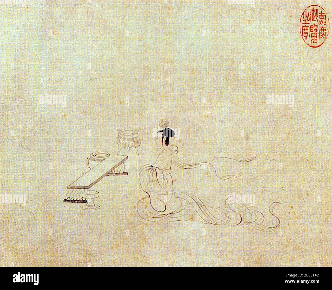 Chine : le défilement des admonitions, scène 2 - Lady Fan (copie du musée du Palais de Pékin). Le Scroll des admonitions est un tableau narratif chinois sur la soie qui est traditionnellement attribué à Gu Kaizhi (c.345-c. Gnizhi), mais que l'érudition moderne considère comme un travail du 5e au 8e siècle qui peut être une copie d'une peinture de cour originale de la dynastie Jin (265–420 ce) de Gu Kaizhi. Le titre complet de la peinture est les apparitions de l'instructeur de la Cour (chinois: Nushi Zhentu). Il a été peint pour illustrer un texte poétique écrit en 292 par le poète-officiel Zhang Hua (232–300). Banque D'Images