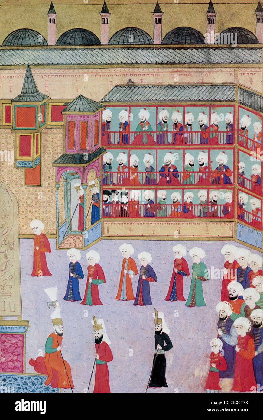 Turquie : peinture célébrant la circoncision du fils du sultan ottoman Murat III, Shezade Mehmet, en 1582. Sultan de l'Empire ottoman, Murad III (4 juillet 1546—15/16 janvier 1595) est le fils aîné du sultan Selim II (1566–74) et succède à son père en 1574. Murad commença son règne en faisant étrangler ses cinq frères plus jeunes. Son autorité a été sapée par les influences du harem, plus particulièrement celles de sa mère et plus tard de sa femme préférée Safiye Sultan. Le règne de Murad III a été marqué par des guerres avec les Safavides et les Habsbourg et par le déclin économique et institutionnel de l'Empire ottoman. Banque D'Images