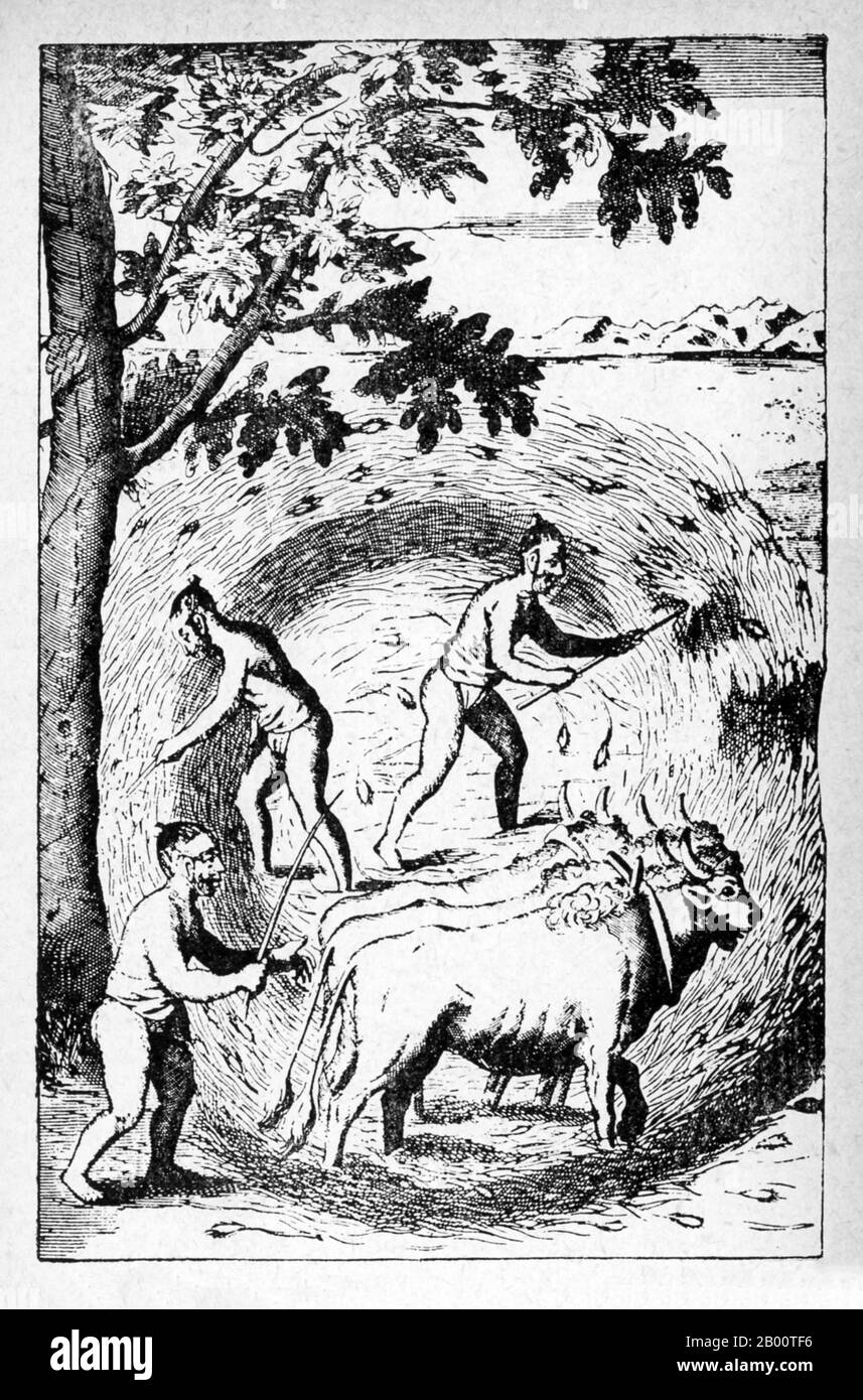 Sri Lanka: "La façon de teader leur riz". Illustration de Robert KNOX (1641-1720), 1681. « une relation historique de l'île Ceylan... depuis ma sortie de captivité » est un livre écrit par le commerçant et marin anglais Robert KNOX en 1681. Il décrit ses expériences quelques années plus tôt sur l'île sud-asiatique maintenant mieux connue sous le nom de Sri Lanka et fournit l'un des plus importants comptes contemporains de la vie de Ceylonese du XVIIe siècle. KNOX a passé 19 ans sur Ceylan comme prisonnier du roi Rajasimha II Banque D'Images