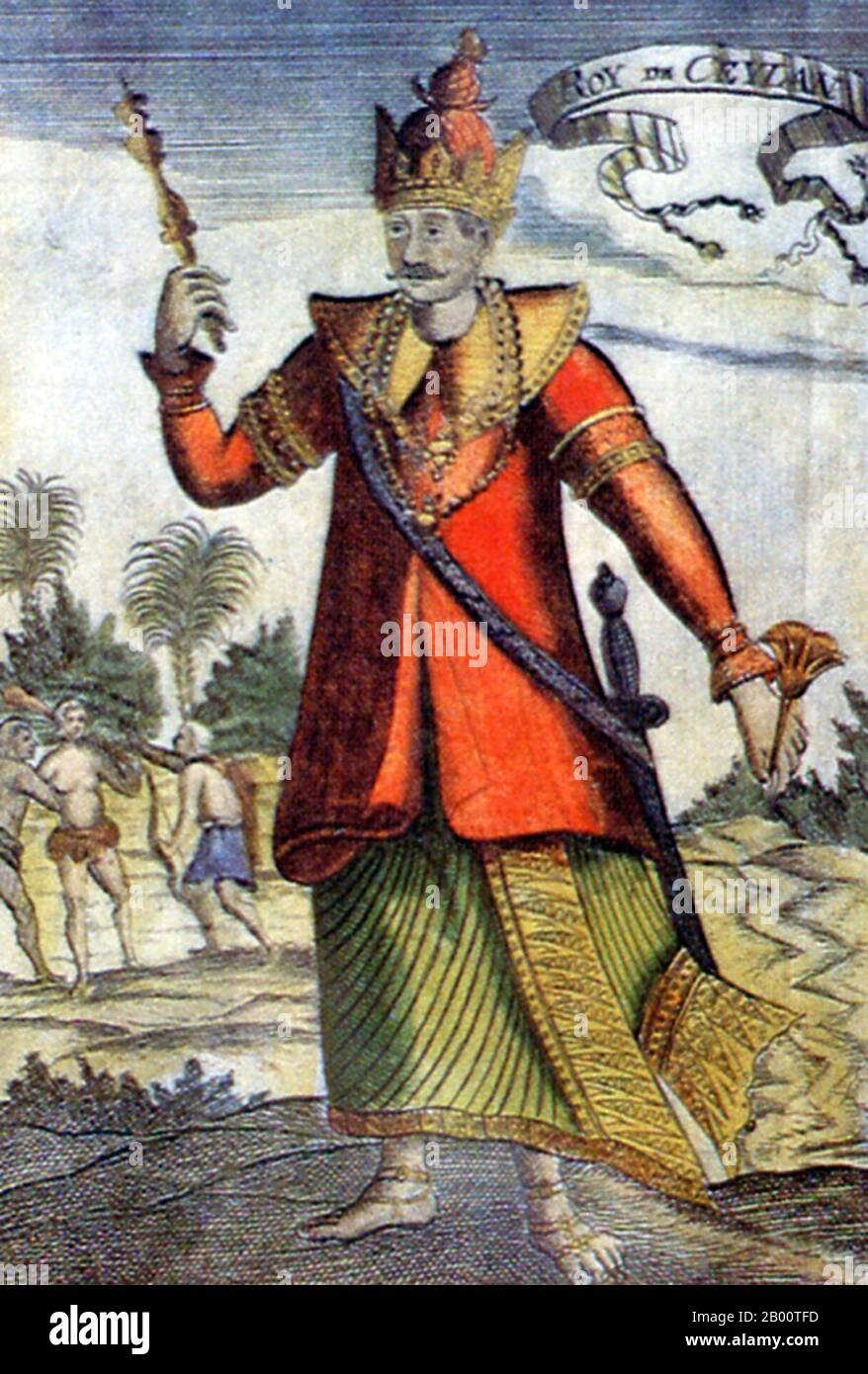 Sri Lanka : Raja Singha II, roi de Kandy (1629-1687). Gravure d'Alain  Manesson Mallet (1630-1706), XVIIe siècle. Rajasimha II, également connu  sous le nom de Rajastingha II était un roi cinghalais, régna