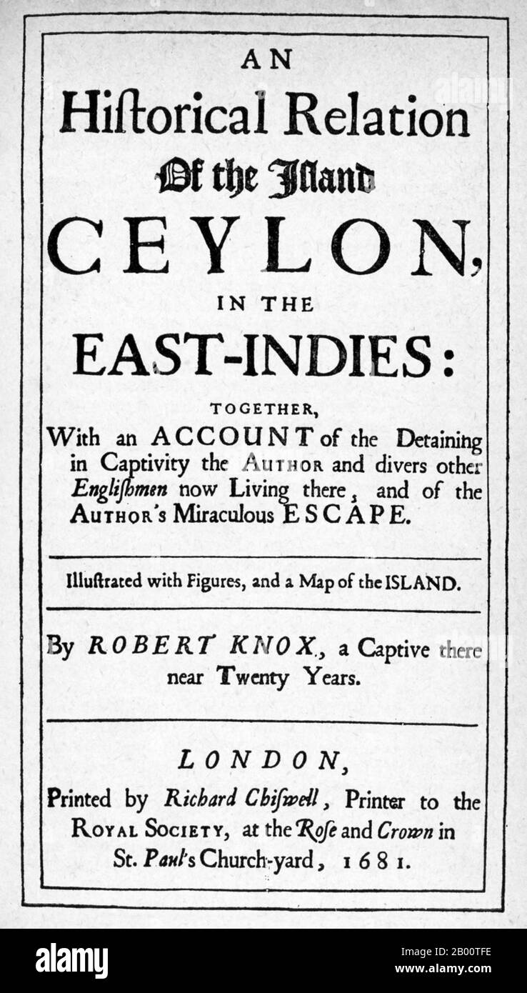 Sri Lanka : Robert KNOX (1641-1720) était un capitaine de mer anglais au service de la British East India Company détenue en captivité à Ceylan de 1660 à 1679. 'Une relation historique de l'île Ceylan... depuis ma sortie de captivité' est un livre écrit par le commerçant et marin anglais en 1681. Il décrit ses expériences quelques années plus tôt sur l'île sud-asiatique maintenant mieux connue sous le nom de Sri Lanka et fournit l'un des plus importants comptes contemporains de la vie de Ceylonese du XVIIe siècle. KNOX a passé 19 ans sur Ceylan après avoir été fait prisonnier par le roi Rajasimha II Banque D'Images