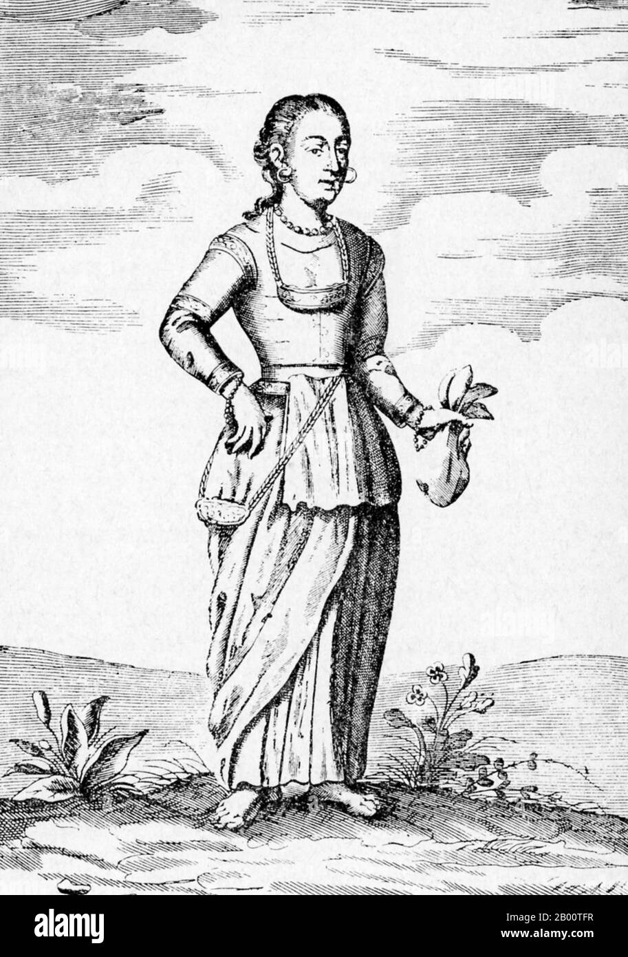 Sri Lanka: 'Une Gentlewoman'. Illustration de Robert KNOX (1641-1720), 1681. « une relation historique de l'île Ceylan... depuis ma sortie de captivité » est un livre écrit par le commerçant et marin anglais Robert KNOX en 1681. Il décrit ses expériences quelques années plus tôt sur l'île sud-asiatique maintenant mieux connue sous le nom de Sri Lanka et fournit l'un des plus importants comptes contemporains de la vie de Ceylonese du XVIIe siècle. KNOX a passé 19 ans sur Ceylan comme prisonnier du roi Rajasimha II Banque D'Images