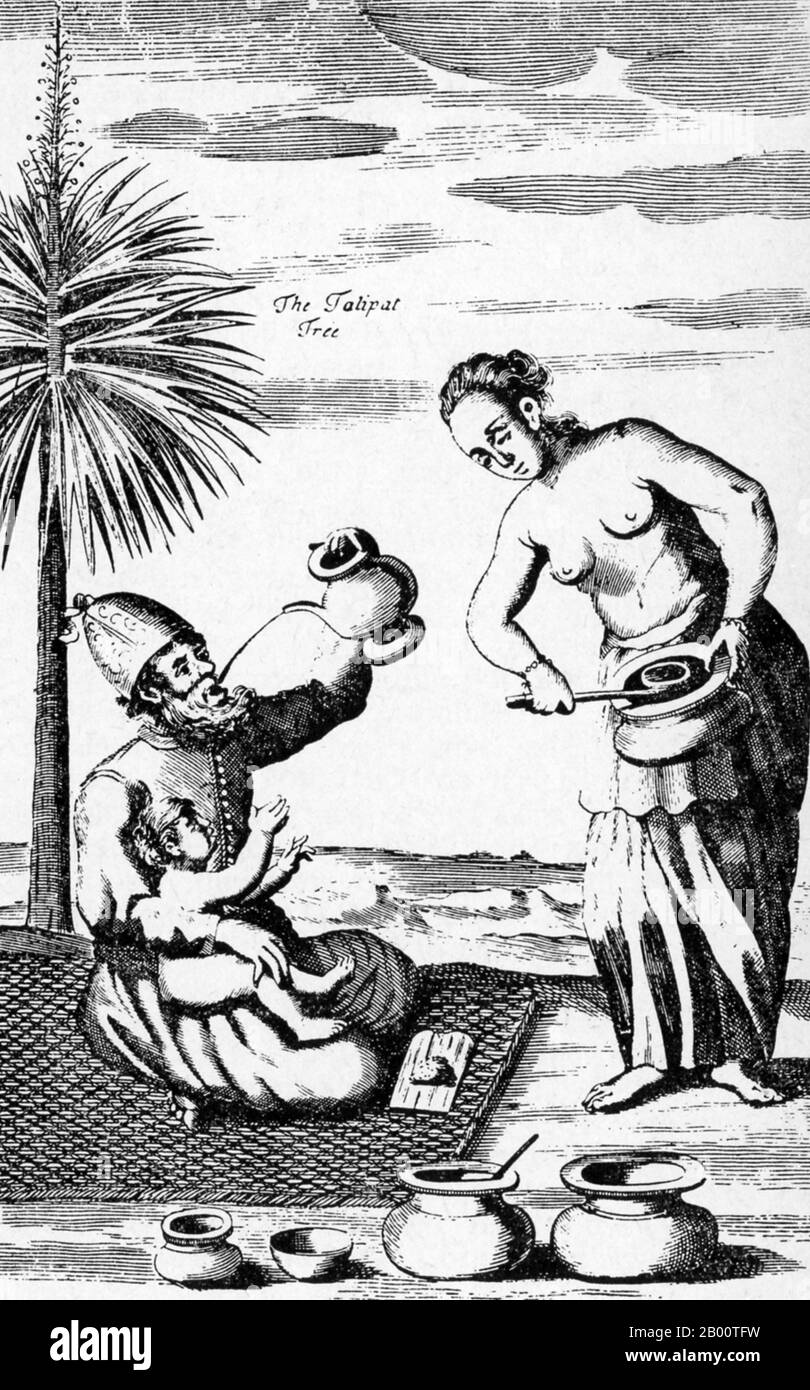 Sri Lanka: "La façon de manger et de boire". Illustration de Robert KNOX (1641-1720), 1681. « une relation historique de l'île Ceylan... depuis ma sortie de captivité » est un livre écrit par le commerçant et marin anglais Robert KNOX en 1681. Il décrit ses expériences quelques années plus tôt sur l'île sud-asiatique maintenant mieux connue sous le nom de Sri Lanka et fournit l'un des plus importants comptes contemporains de la vie de Ceylonese du XVIIe siècle. KNOX a passé 19 ans sur Ceylan comme prisonnier du roi Rajasimha II Banque D'Images