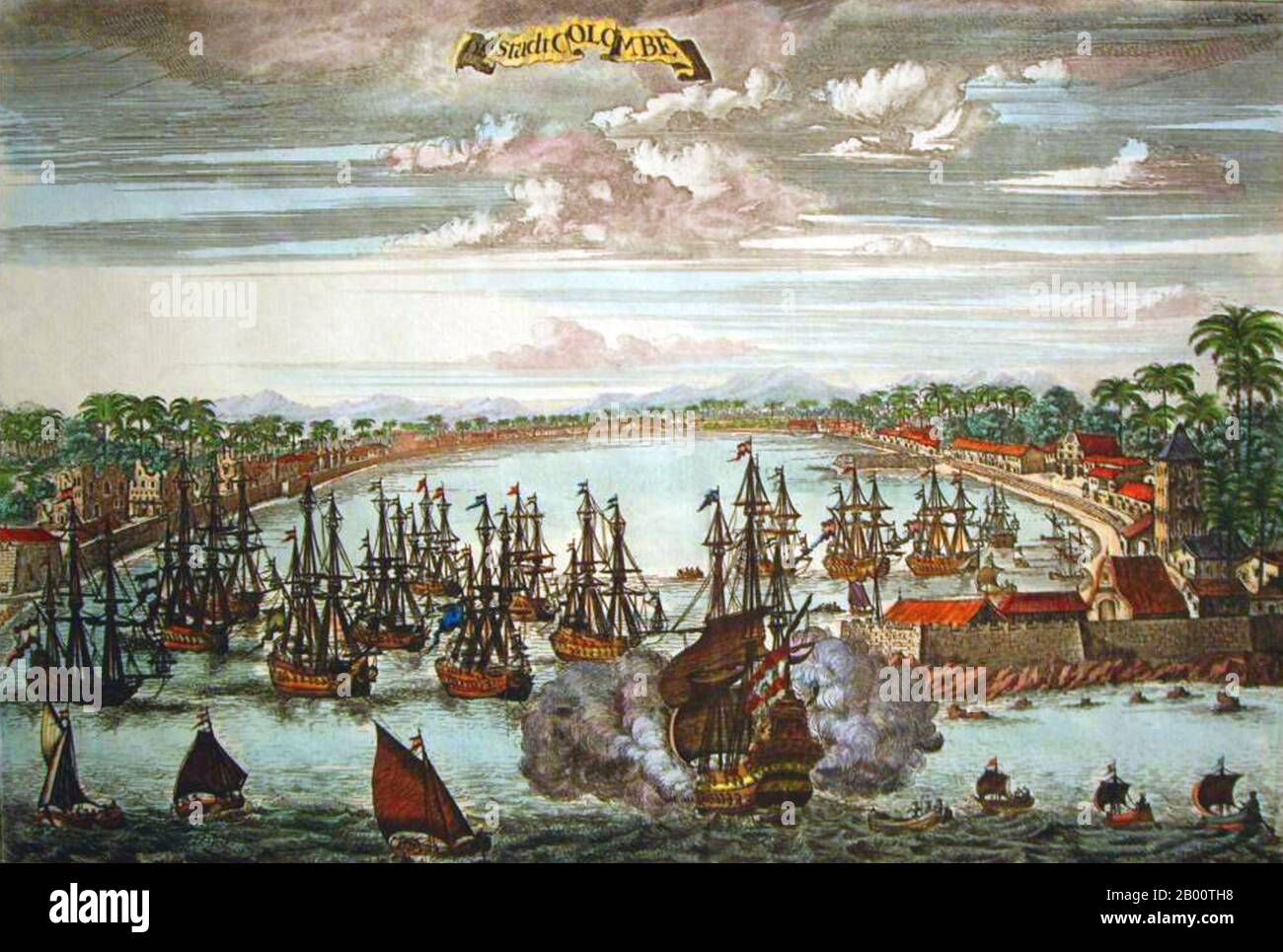 Sri Lanka: 'De Stadt Colombe (la ville de Colombo)'. Gravure en cuivre d'un livre hollandais, c. 1775, après une gravure originale de Johannes Kip (1652-1722), c. 1680. Le Sri Lanka a toujours été un important poste portuaire et commercial dans le monde ancien, et est de plus en plus fréquenté par des navires marchands du Moyen-Orient, de la Perse, de la Birmanie, de la Thaïlande, de la Malaisie, de l'Indonésie et d'autres parties de l'Asie du Sud-est. Les îles étaient connues des premiers explorateurs européens d'Asie du Sud et installées par de nombreux groupes de marchands arabes et malais. Banque D'Images