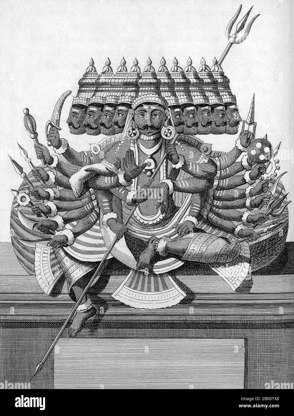 Inde: 'Ravana, demi-Brahmin démon dirigeant du Lanka (Ceylan) qui a été défait par Rama'. Illustration de Pierre Sonnerat (1748-1814), 1782. Pierre Sonnerat (1748-1814) est un naturaliste et explorateur français qui a effectué plusieurs voyages en Asie du Sud-est entre 1769 et 1781. Il a publié ce compte-rendu en deux volumes de son voyage de 1774-81 en 1782. Le volume 1 traite exclusivement de l'Inde, dont la culture Sonnerat admirait beaucoup, et est particulièrement remarquable pour sa discussion élargie de la religion en Inde, l'hindouisme en particulier. Le livre est illustré avec des gravures basées sur les dessins de Sonnerat. Banque D'Images