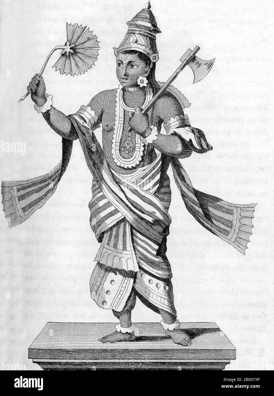 Inde: 'Huitième Avatar (Incarnation) de Vishnu comme Parasurama (Rama avec Ax)'. Illustration de Pierre Sonnerat (1748-1814), 1782. Pierre Sonnerat (1748-1814) est un naturaliste et explorateur français qui a effectué plusieurs voyages en Asie du Sud-est entre 1769 et 1781. Il a publié ce compte-rendu en deux volumes de son voyage de 1774-81 en 1782. Le volume 1 traite exclusivement de l'Inde, dont la culture Sonnerat admirait beaucoup, et est particulièrement remarquable pour sa discussion élargie de la religion en Inde, l'hindouisme en particulier. Le livre est illustré avec des gravures basées sur les dessins de Sonnerat. Banque D'Images