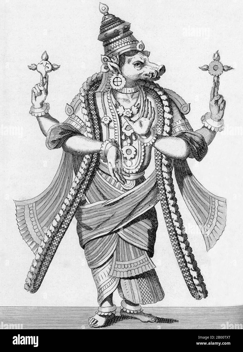 Inde: 'Troisième Avatar (Incarnation) de Vishnu comme Varaha, le Boar'. Illustration de Pierre Sonnerat (1748-1814), 1782. Pierre Sonnerat (1748-1814) est un naturaliste et explorateur français qui a effectué plusieurs voyages en Asie du Sud-est entre 1769 et 1781. Il a publié ce compte-rendu en deux volumes de son voyage de 1774-81 en 1782. Le volume 1 traite exclusivement de l'Inde, dont la culture Sonnerat admirait beaucoup, et est particulièrement remarquable pour sa discussion élargie de la religion en Inde, l'hindouisme en particulier. Le livre est illustré avec des gravures basées sur les dessins de Sonnerat. Banque D'Images