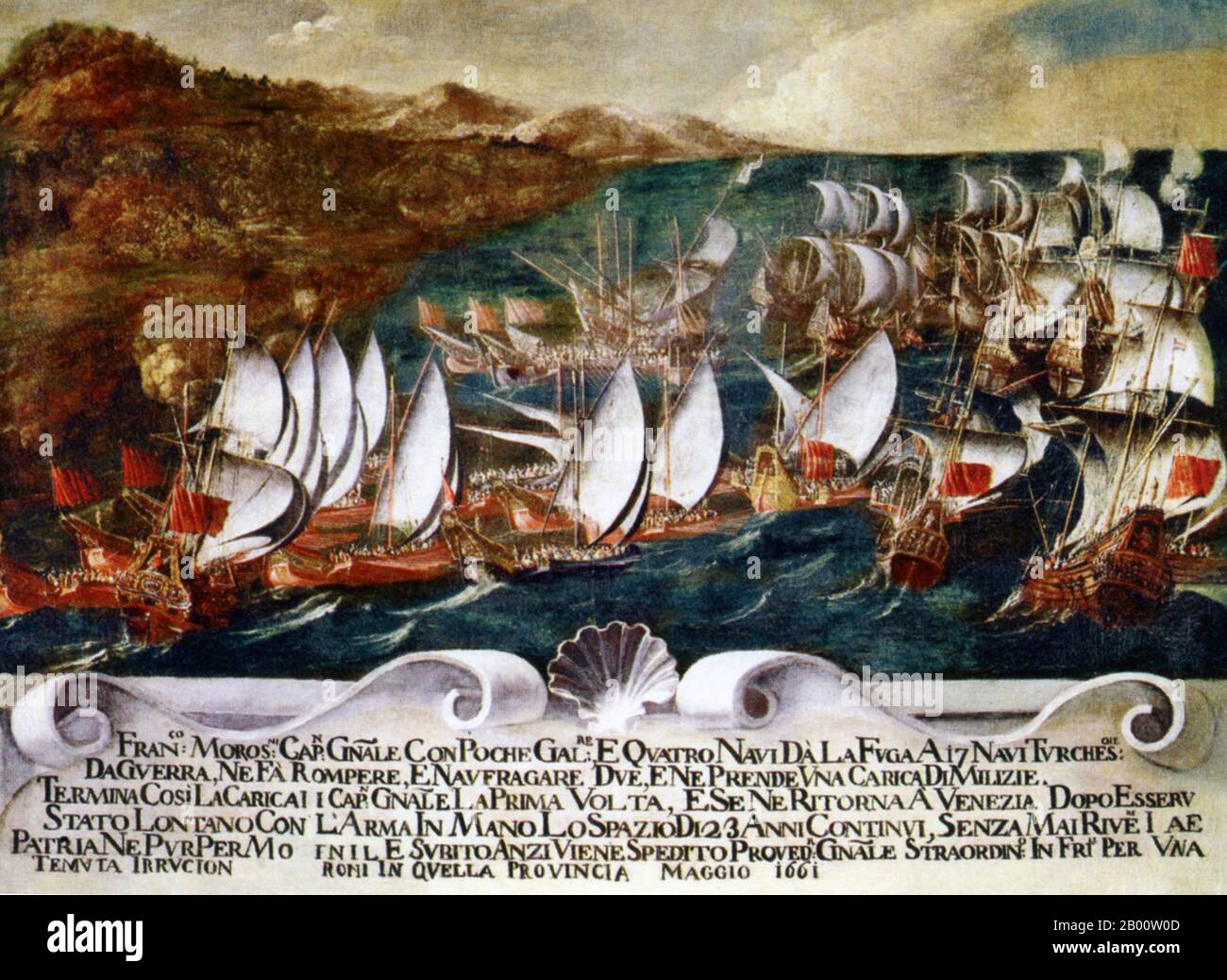 Turquie: 'Action du 27 août 1661', un tableau d'un artiste vénitien inconnu, dépeint une bataille maritime entre les marines vénitiennes et maltaises combinées et la flotte ottomane. Tout au long de la Renaissance, la relation de Venise avec l'Empire ottoman a été soutenue par le commerce mais ponctuée par le conflit. Dans cette bataille navale, 22 navires de Venise et de Malte ont vaincu la flotte turque de 36 gallées. Banque D'Images