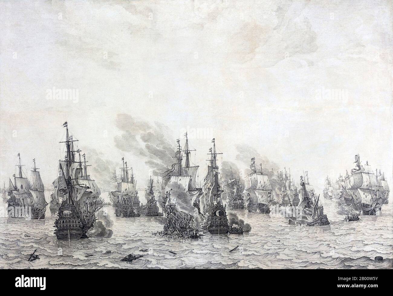 Pays-Bas/Italie: 'La bataille de Livourne'. Peinture à l'huile et à l'encre sur toile par Willem van de Velde The Elder (1611-1693), c. 1654-1655. La bataille navale de Leghorn (l'appel néerlandais la rencontre par le nom italien Livourne) a eu lieu le 14 mars (4 mars Old style) 1653, pendant la première guerre anglo-hollandaise, près de Leghorn/Livourne, Italie. C'était la victoire d'une flotte hollandaise sous le Commodore Johan van Galen sur un escadron anglais sous le capitaine Henry Appleton. Par la suite, une flotte anglaise sous la direction du capitaine Richard Badiley, que Appleton avait tenté de rejoindre, est venue mais a été surnumérotée et a fui. Banque D'Images
