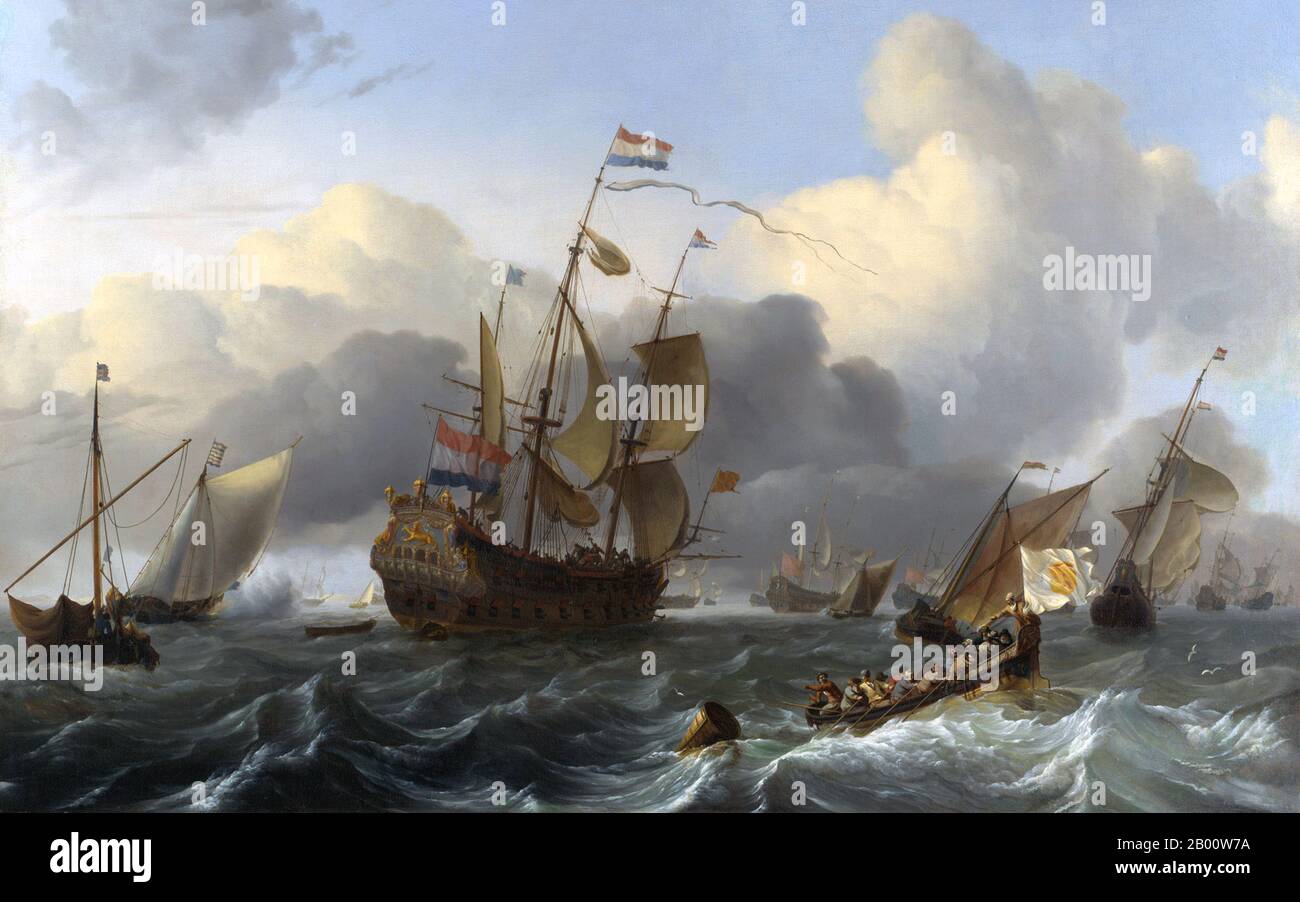 Maritime: 'L'Eendracht et une flotte de Hollandais-hommes-de-guerre'. Peinture à l'huile sur toile par Ludolf Bakhuizen (1630-1708), c. 1670-1675 UNE flotte de combat hollandaise et son phare l'Eendracht (néerlandais pour Concord ou Unity) font l'objet de cette oeuvre impressionnante de Ludolph Backhuysen. L'Eendracht a été construit en 1653 – 1655 à Rotterdam à l'Amirauté de Maze et ses coûts de construction ont été partagés par les sept provinces de la République. Elle avait servi de vaisseau amiral pour l'amiral Jakob van Wassenaer van Obdam pendant la campagne suédoise de 1658-1659 et a plus tard participé à la bataille de Lowestoft. Banque D'Images