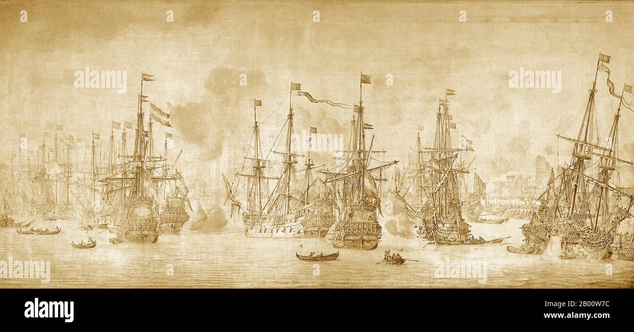 Maritime: 'L'attaque échouée des Anglais sur la flotte de Retour[ing VOC] dans le port de Bergen, Norvège, 12 août 1665: Un épisode de la deuxième guerre anglo-hollandaise'. Huile et encre sur toile par Willem Van de Velde The Elder (1611-1693), c. 1666. En juillet 1665, Lord Sandwich, commandant de la flotte anglaise, emmena ses navires en mer dans l'espoir d'exploiter la récente victoire sur les Hollandais à Lowestoft. Ses deux cibles étaient l’escadron de Ruyter qui était en provenance d’Afrique de l’Ouest et des Amériques, et un convoi riche en COV, arrivé deux fois par an des Antilles orientales remplies d’épices, de pierres précieuses et de produits de luxe. Banque D'Images