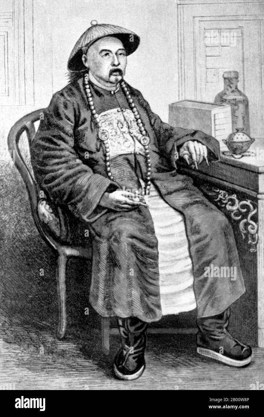 Chine : Zuo Zongtang, gouverneur général de Shansi et Kansu, qui a reconquis Sinkiang en 1876-1878. Zuo Zongtang (10 novembre 1812 - 5 septembre 1885), a écrit TSO Tsung-t'ang à Wade-Giles, un homme d'État chinois et un chef militaire de la fin de la dynastie Qing. Il est né à Wenjialong, au nord de Changsha, dans la province du Hunan. Il a servi dans les régions du nord-ouest de la Chine, en étouffant la révolte de Dungan et diverses autres perturbations. Il a servi avec distinction pendant la guerre civile de l'Empire du Qing contre la rébellion de Taiping, dans laquelle il est estimé que 20 millions de personnes sont mortes. Banque D'Images