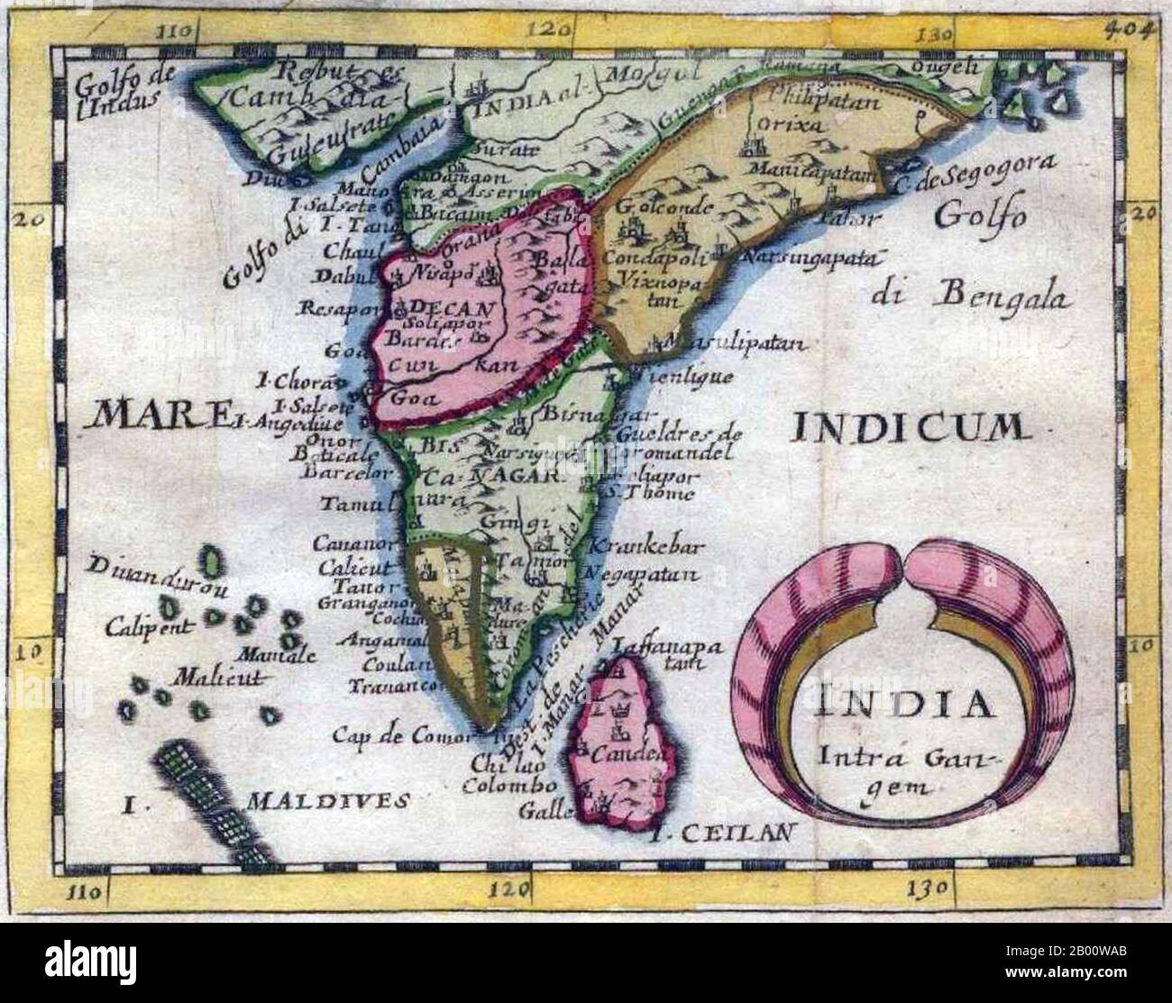 Inde: 'India intra-Gangem', carte miniature des côtes de Malabar et de Coromandel, de la Geographiae Universalis de Pierre Duval, 1679. En usage classique, 'India intra Gangem' se réfère à l'Asie du Sud à l'ouest du Gange, tandis que 'India Extra Gangem' se réfère à l'Asie du Sud-est péninsulaire. Banque D'Images