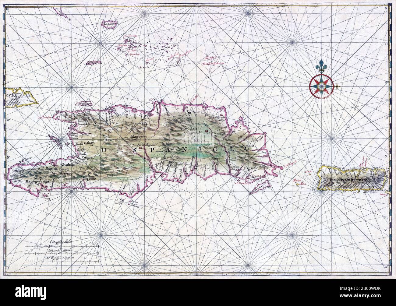 Hispaniola: Carte nautique d'Haïti, de la République dominicaine et de Porto Rico par Johannes Vingboons (1616-1670), 1639. Une carte nautique de 1639 d'Hispaniola (centre-gauche), l'île la plus peuplée des Amériques, et de Porto Rico (droite). Le nom donné à l'origine par Christophe Colomb, qui a fondé les premières colonies européennes du Nouveau monde ici au cours de ses deux premiers voyages, était la Isla Espanola (l'île espagnole), qui a été raccourcie à Espanola puis Latinisée à Hispaniola. Banque D'Images