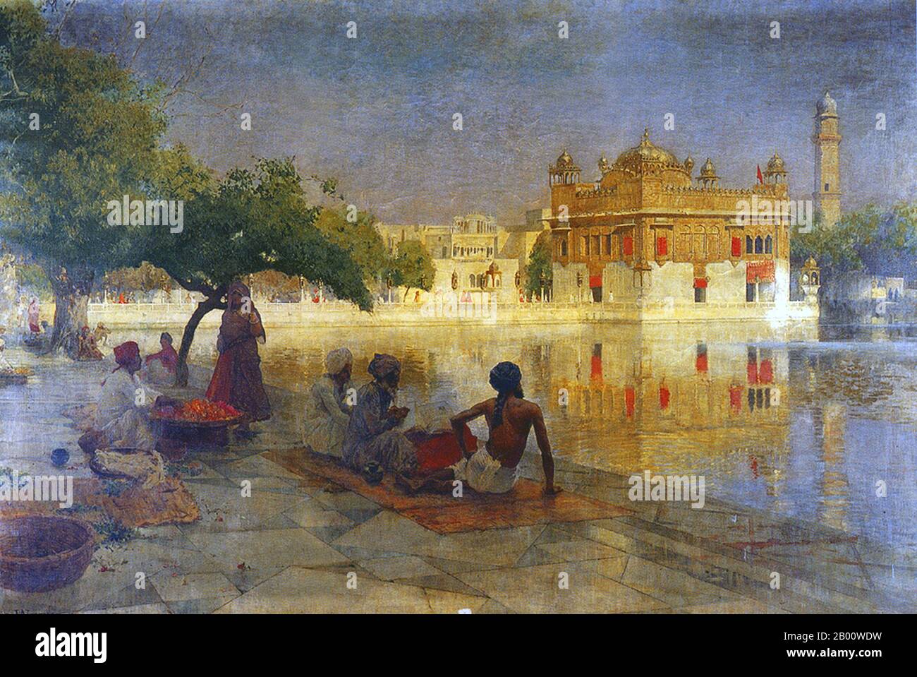 Inde: 'Le Temple d'Or, Amritsar'. Peinture à l'huile sur toile par Edwin Lord Weeks (1849-1903), 1890. Edwin Lord Weeks (1849 – 1903), artiste et orientaliste américain, est né à Boston, Massachusetts, en 1849. Il fut élève de Léon Bonnat et de Jean-Léon Gérame, à Paris. Il a fait de nombreux voyages à l'est, et a été distingué comme un peintre de scènes orientales. Les parents de Weeks étaient de riches marchands d'épices et de thé de Newton, une banlieue de Boston et, à ce titre, ils ont pu accepter, probablement encourager, et certainement financer l'intérêt de la jeunesse de leur fils pour la peinture et les voyages. Banque D'Images