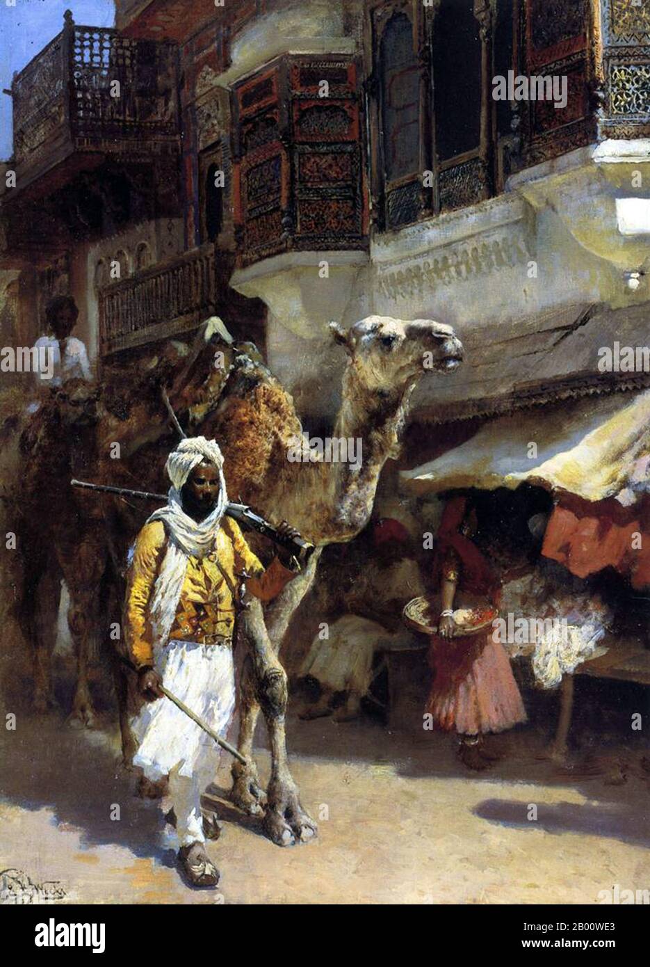 Inde : « un homme à la tête d'un chameau ». Peinture à l'huile sur toile par Edwin Lord Weeks (1849-1903), c. 1885. Edwin Lord Weeks (1849 – 1903), artiste et orientaliste américain, est né à Boston, Massachusetts, en 1849. Il fut élève de Léon Bonnat et de Jean-Léon Gérame, à Paris. Il a fait de nombreux voyages à l'est, et a été distingué comme un peintre de scènes orientales. Les parents de Weeks étaient de riches marchands d'épices et de thé de Newton, une banlieue de Boston, et ils ont ainsi pu accepter, probablement encourager, et certainement financer l'intérêt de la jeunesse de leur fils pour la peinture et les voyages. Banque D'Images