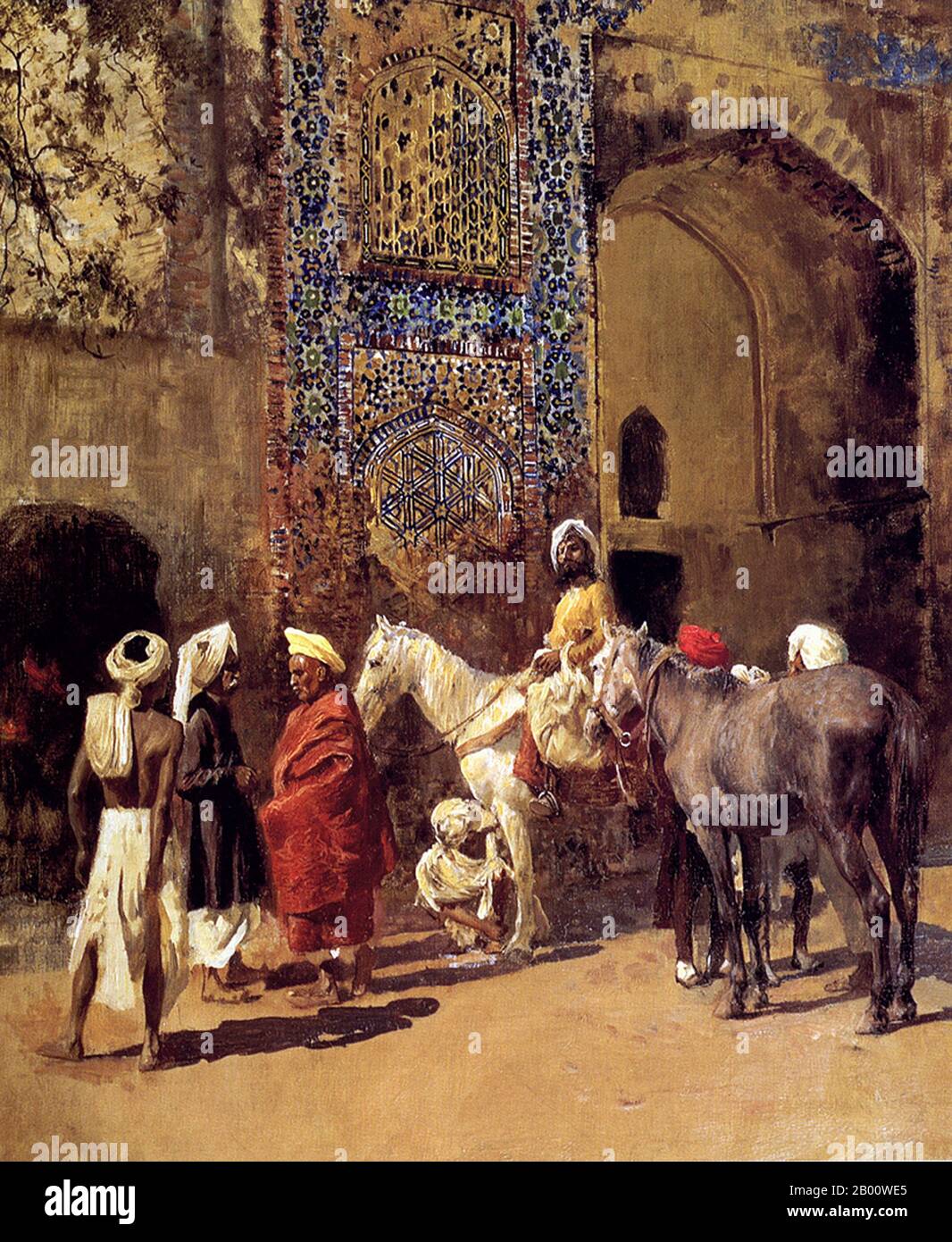 Inde: 'Mosquée bleue carrelée à Delhi'. Peinture à l'huile sur toile par Edwin Lord Weeks (1849-1903), c. 1885. Edwin Lord Weeks (1849 – 1903), artiste et orientaliste américain, est né à Boston, Massachusetts, en 1849. Il fut élève de Léon Bonnat et de Jean-Léon Gérame, à Paris. Il a fait de nombreux voyages à l'est, et a été distingué comme un peintre de scènes orientales. Les parents de Weeks étaient de riches marchands d'épices et de thé de Newton, une banlieue de Boston et, à ce titre, ils ont pu accepter, probablement encourager, et certainement financer l'intérêt de la jeunesse de leur fils pour la peinture et les voyages. Banque D'Images