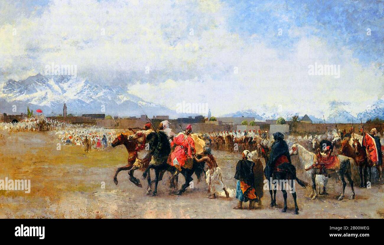 Maroc: 'Poudre Play, ville du Maroc à l'extérieur des murs'. Peinture à l'huile sur toile par Edwin Lord Weeks (1849-1903), c. 1880-1882. Edwin Lord Weeks (1849 – 1903), artiste et orientaliste américain, est né à Boston, Massachusetts, en 1849. Il fut élève de Léon Bonnat et de Jean-Léon Gérame, à Paris. Il a fait de nombreux voyages à l'est, et a été distingué comme un peintre de scènes orientales. Les parents de Weeks étaient des marchands aisés d'épices et de thé de Boston et, à ce titre, ils ont pu accepter, probablement encourager et certainement financer l'intérêt de la jeunesse de leur fils pour la peinture et les voyages. Banque D'Images